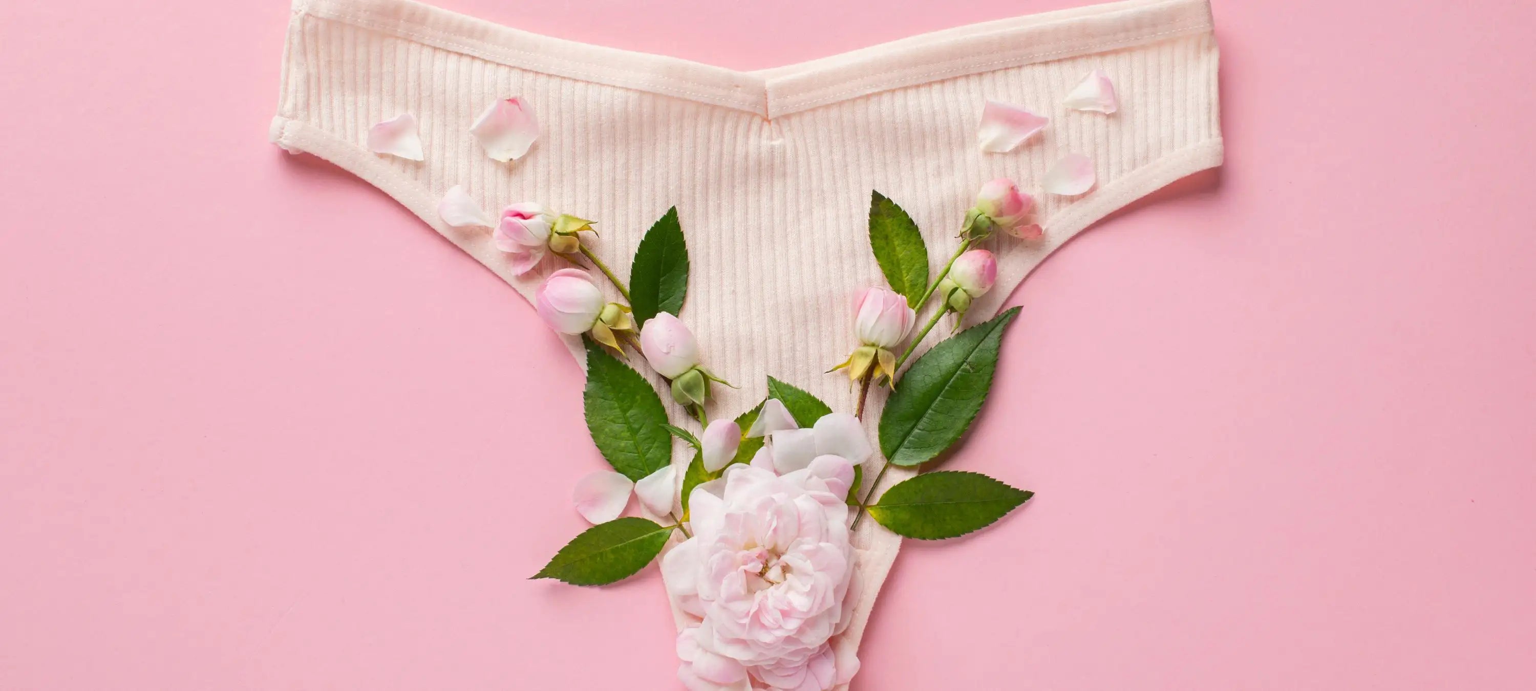 Eine Blume bedeckt den unteren Teil einer Unterhose für Frauen.