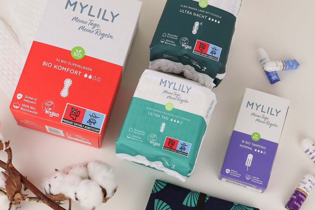 Bio Starter Kit von MYLILY mit Binden, Tampons, Slipeinlagen aus Bio-Baumwolle und einem Period Bag.