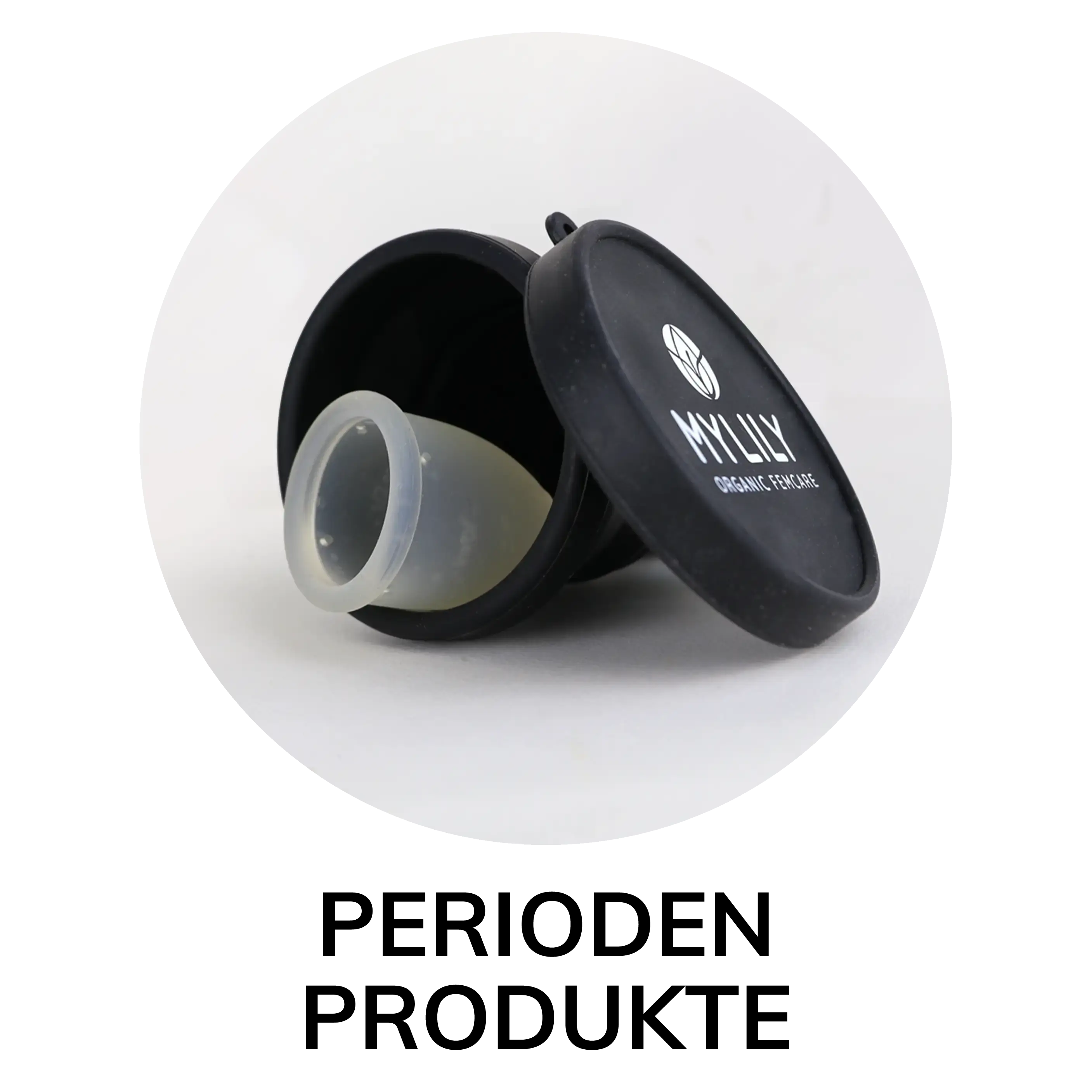 Rundes Bild mit Menstruationstasse in einem schwarzen Reinigungsbehälter von MYLILY