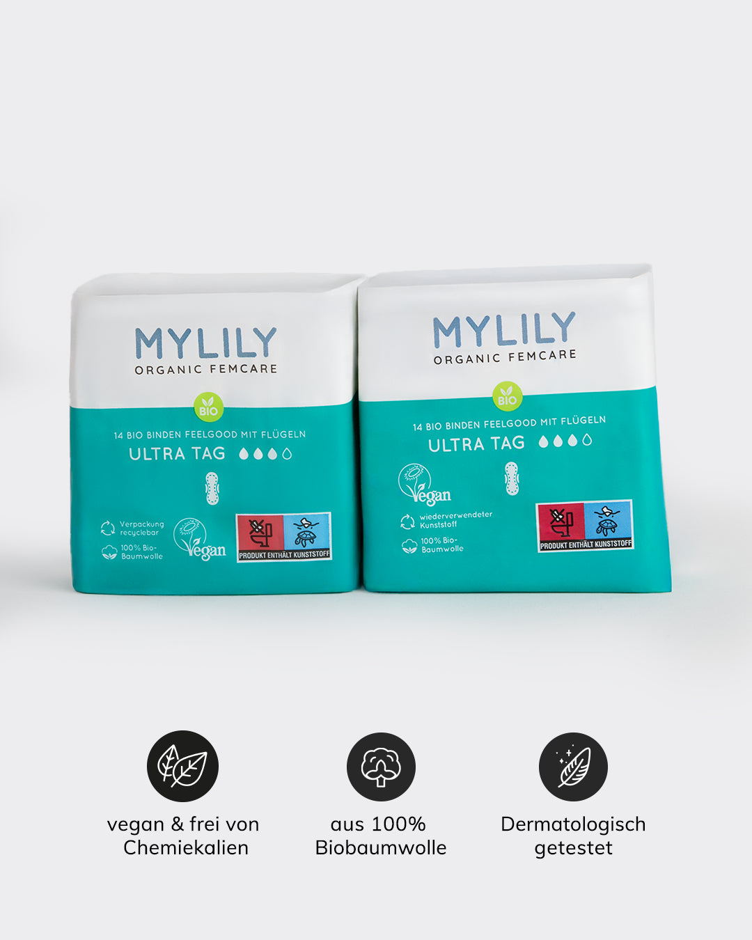 Zwei Packungen MYLILY Bio-Binden Ultra Tag mit Flügeln aus 100% Bio-Baumwolle – vegan, frei von Chemikalien, dermatologisch getestet, je 14 Stück pro Packung