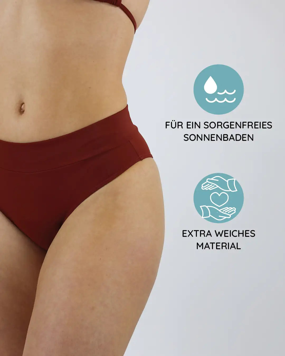 Der MYLILY Perioden Bikini Slip in hagebutte ist perfekt geeignet für ein sorgenfreies Sonnenbaden und saugt außerdem so viel wie 2 Tampons