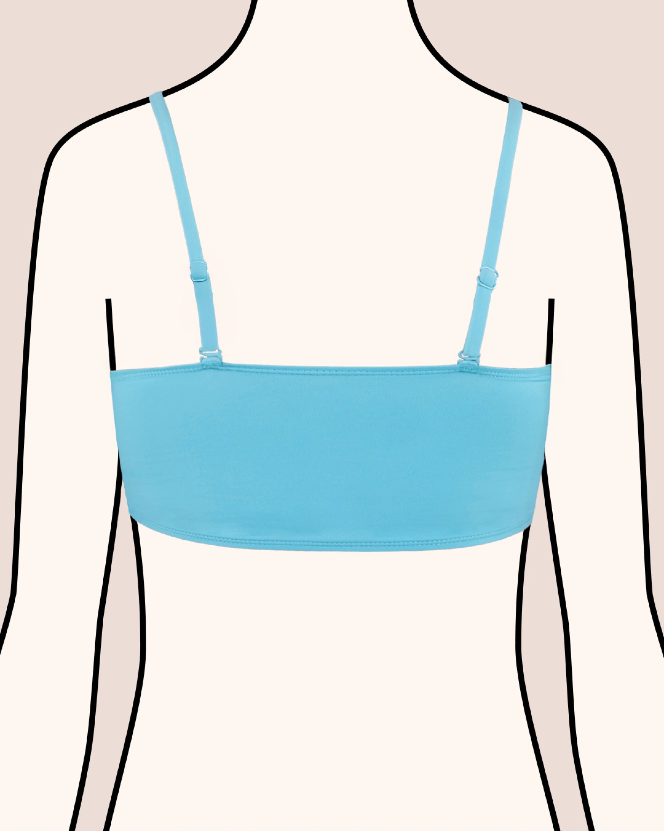 Rückenansicht von einem Teens Bikini Oberteil mit verstellbaren Trägern in himmelblau.
