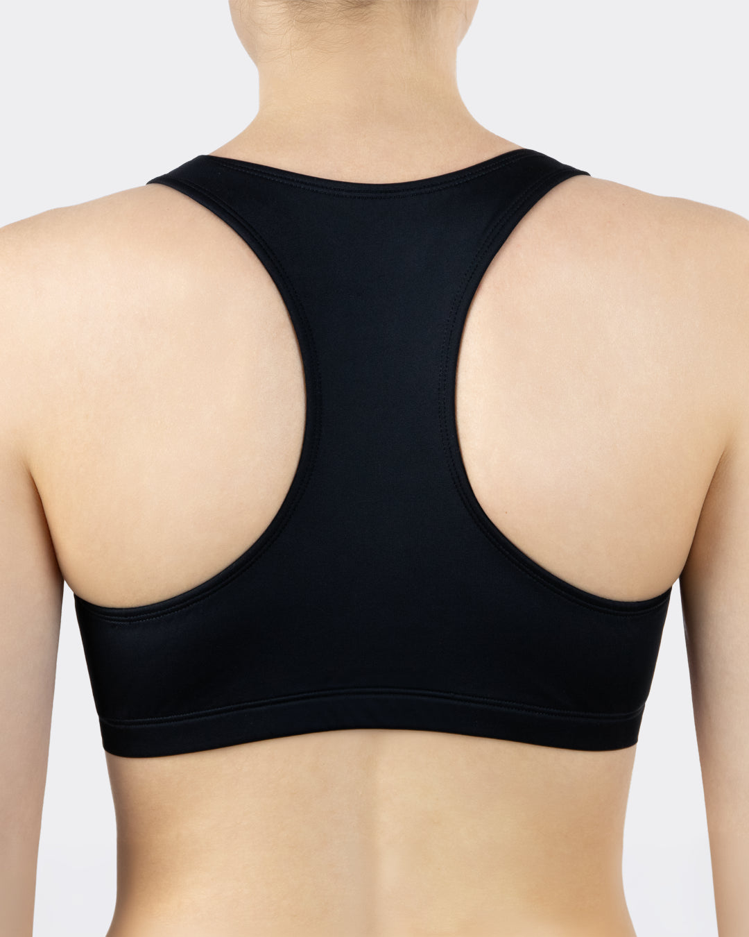 Rückansicht MYLILY Teens Sportiv-Bustier schwarz mit klassischem Racerback-Rücken – sportliches Bikinioberteil für Mädchen und Teens, saubere Rückenansicht freigestellt