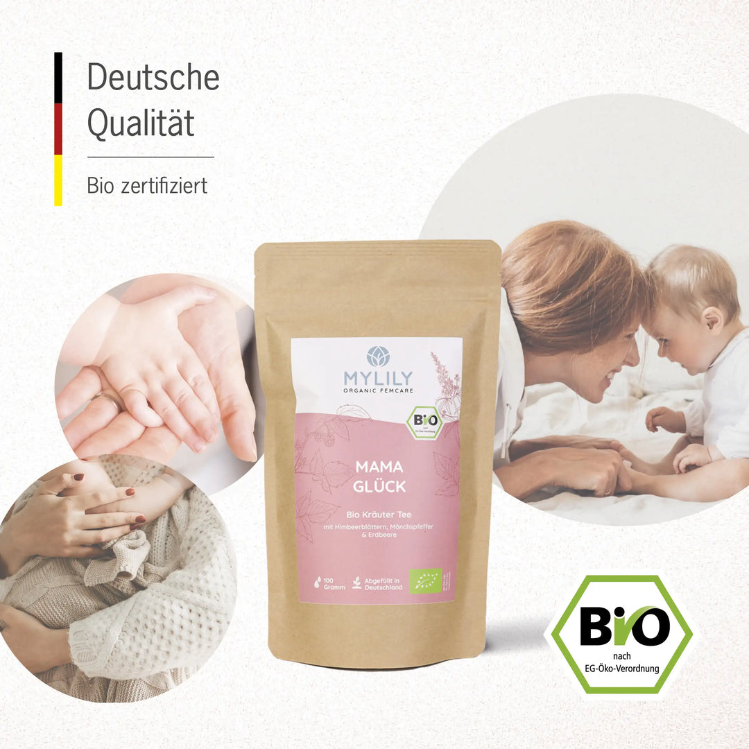 Der Tee Mama Glück ist aus hochqualitativen Zutaten in Deutschland angefertigt. Jetzt sogar Bio zertifiziert nach EG-Öko-Verordnung.