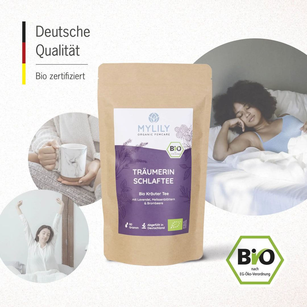 Der Schlaftee ist aus hochqualitativen Zutaten in Deutschland angefertigt. Jetzt sogar Bio zertifiziert nach EG-Öko-Verordnung.