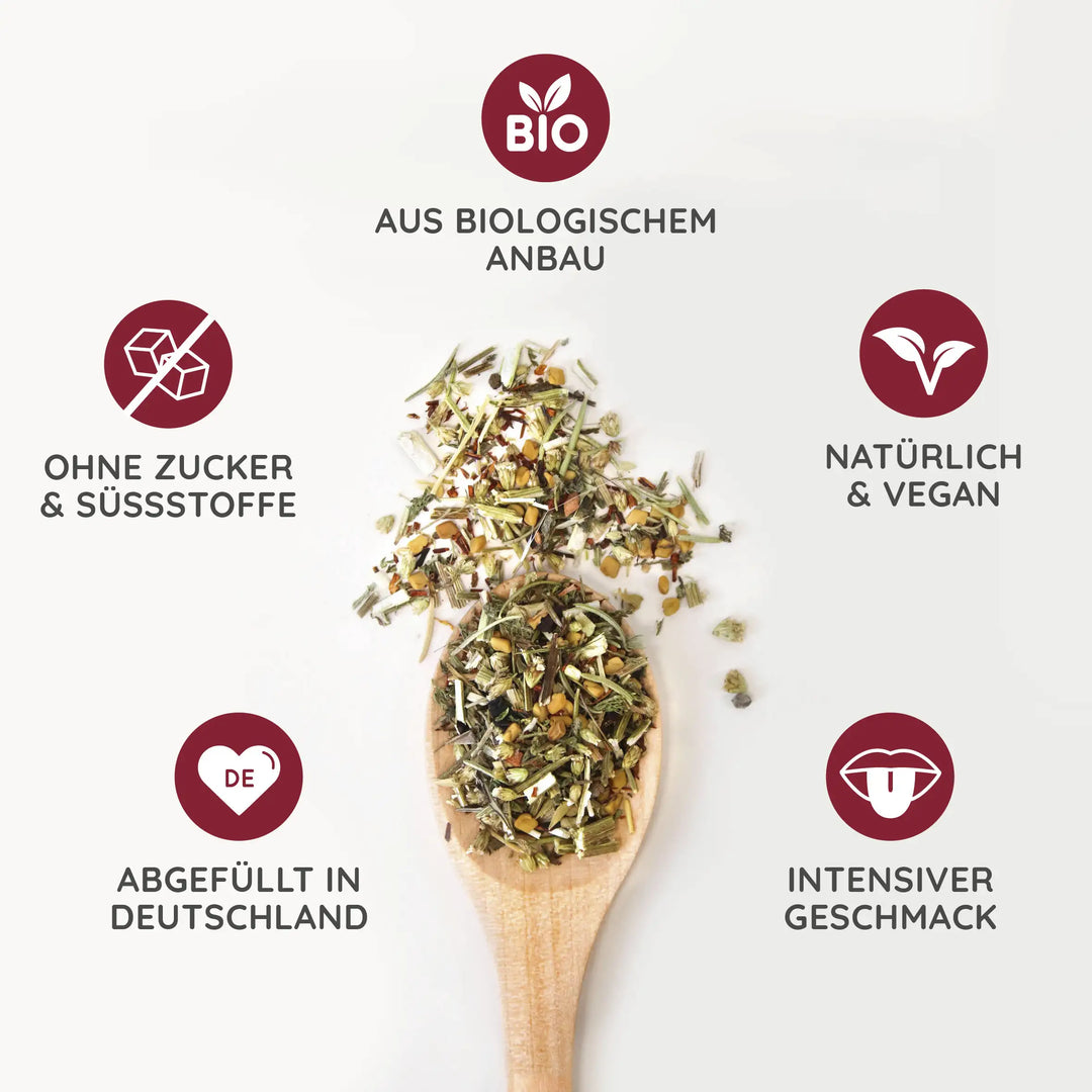Die Kräuter der MYLILY Tees stammen aus kontrolliert biologischem Anbau, sind natürlich und vegan, ohne Zucker und Süßstoffe und werden in Deutschland abgefüllt.