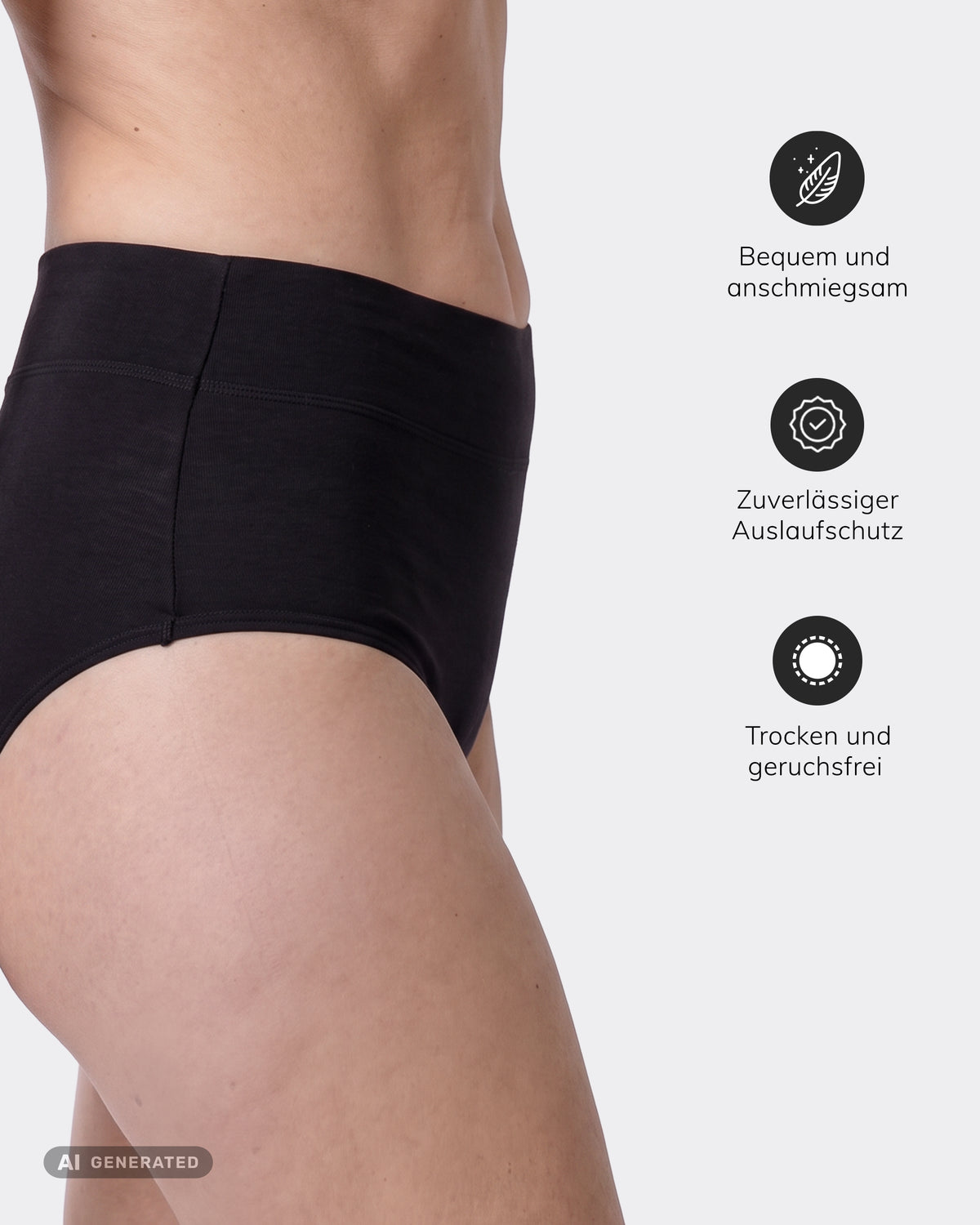 Seitliche Detailansicht des schwarzen High-Waist-Periodenslips mit Bund und Nähten. Icons daneben: bequem und anschmiegsam, zuverlässiger Auslaufschutz, trocken und geruchsfrei.