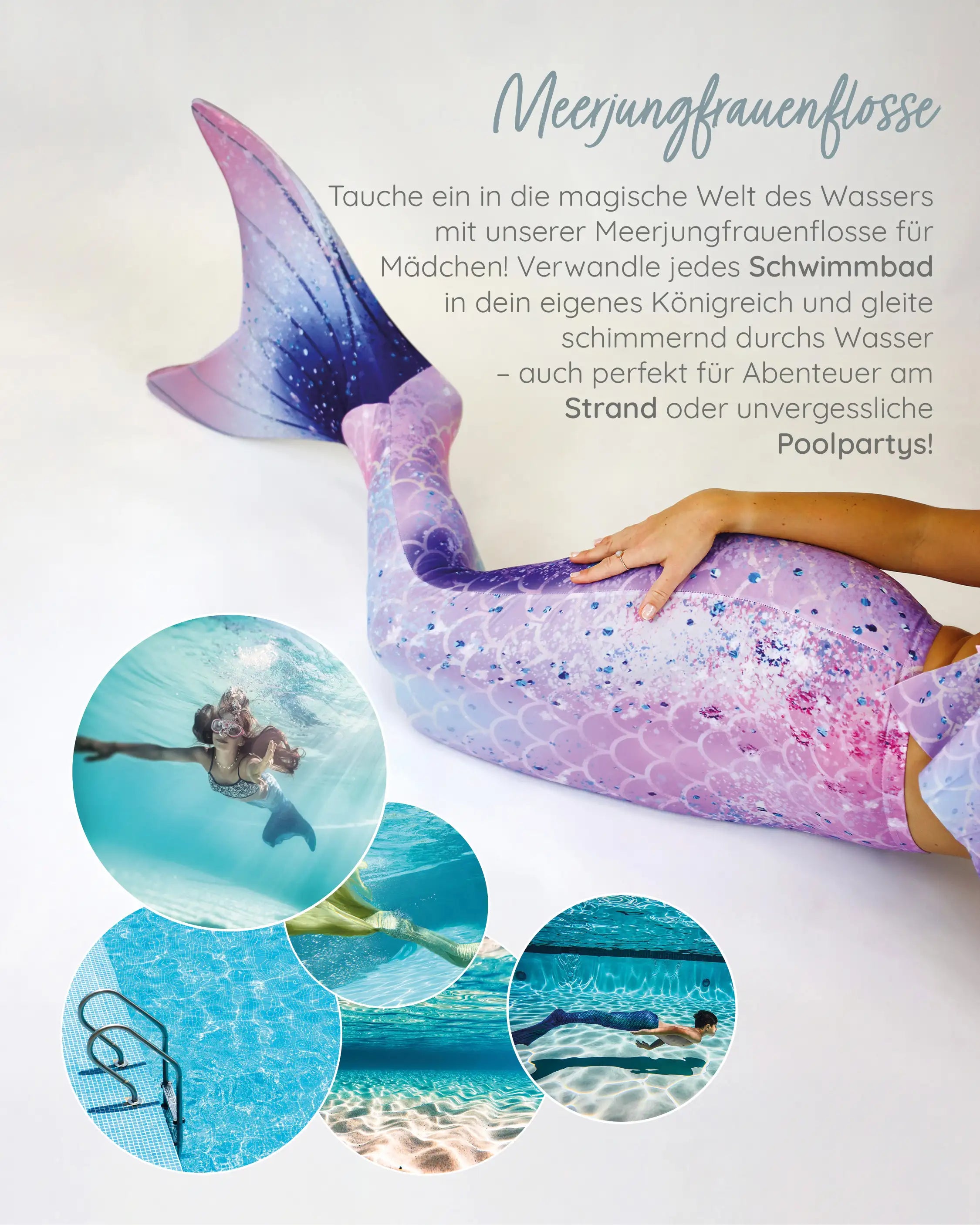 Die Meerjungfrauenflosse in Blue Sky von MYLILY. Perfekt für das Schwimmbad, die nächste Poolparty oder ein Strandabenteuer.
