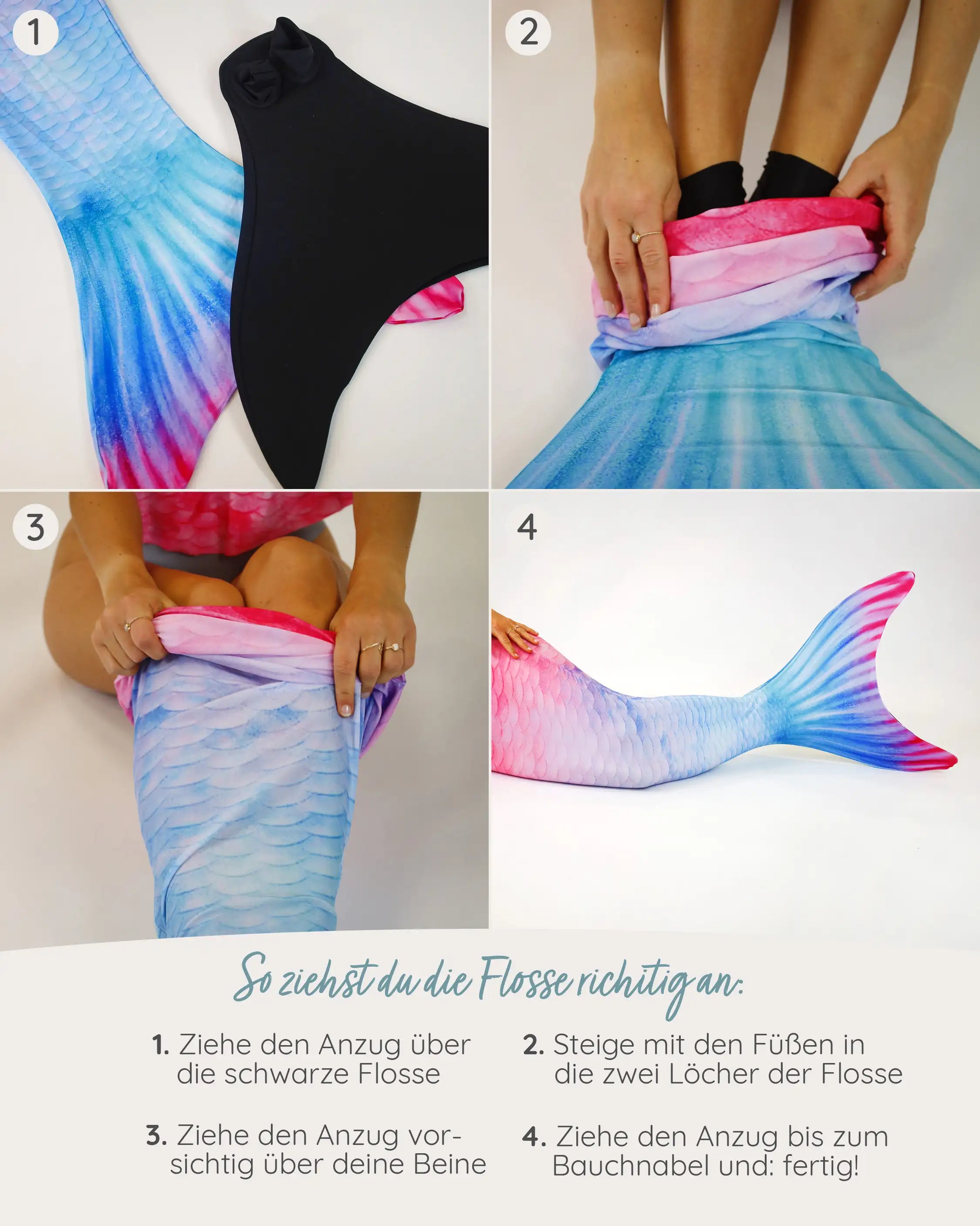 Die korrekte Anleitung der Meerjungfrauenfloss in Ocean. Überzug über Flosse ziehen, in Flosse steigen, Überzug über die Beine ziehen.