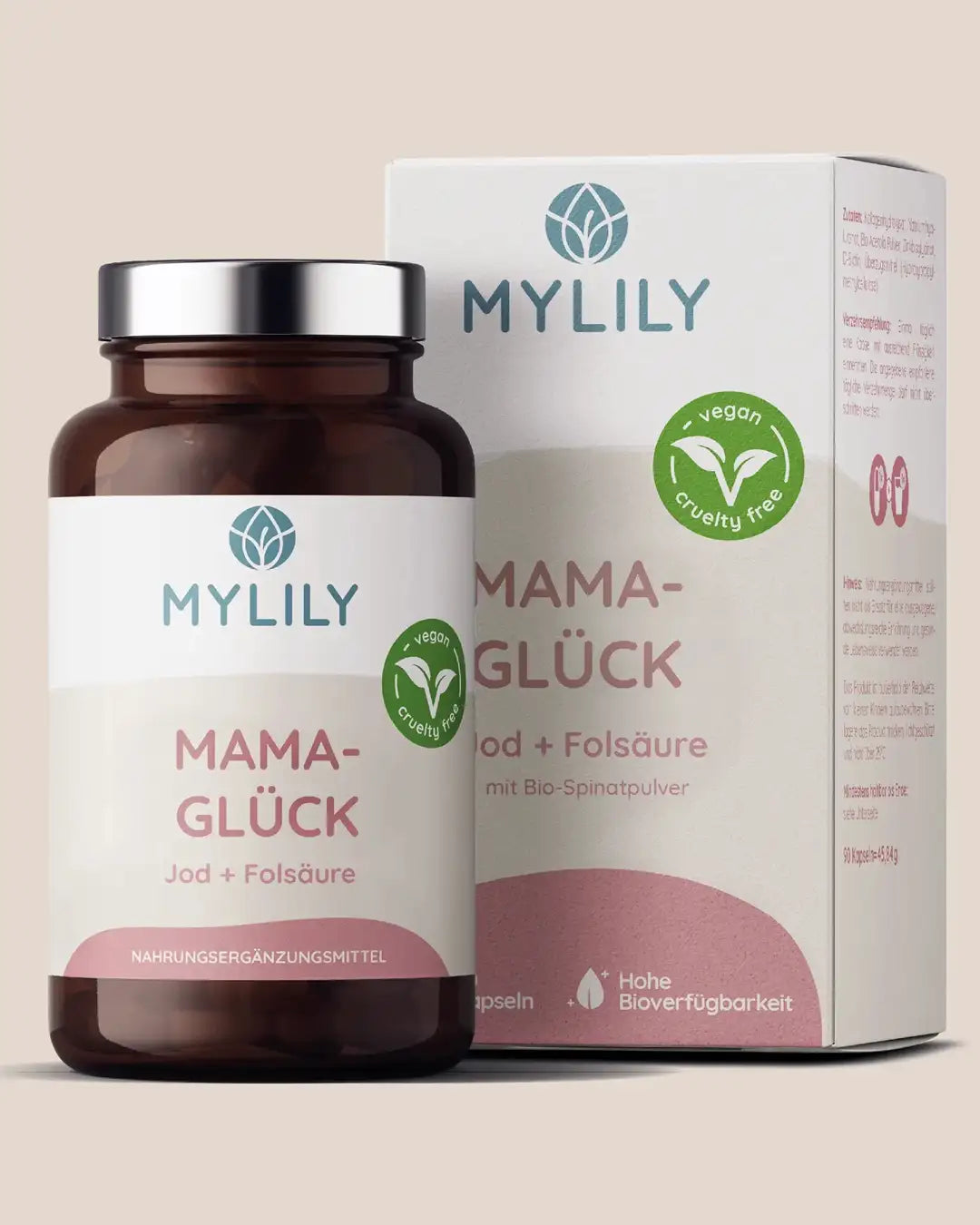 Mamaglück Folsäure mit Jod für deinen Kinderwunsch und Schwangerschaftswunsch. Nahrungsergänzungsmittel mit natürlichen Inhaltsstoffen. Vegan und Bio.