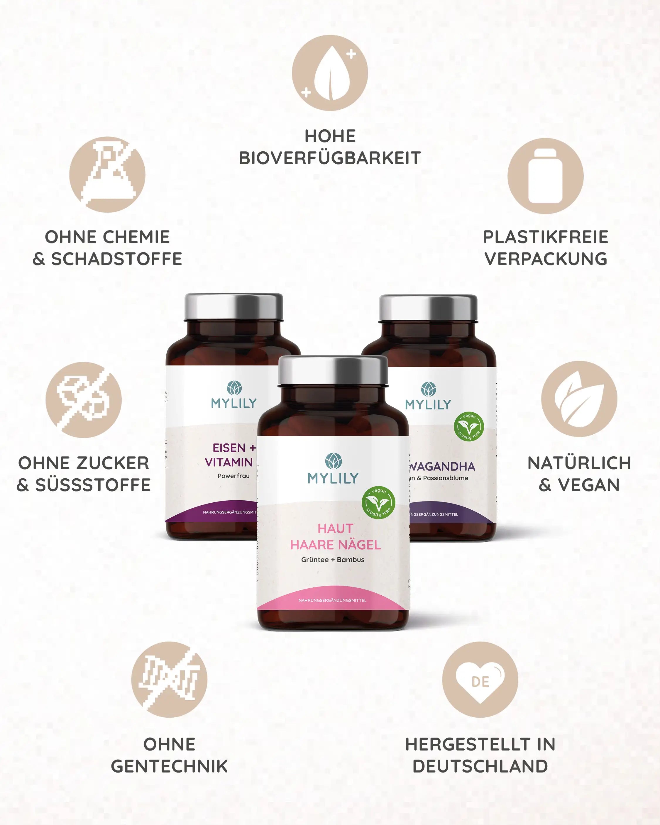 Vorteile MYLILY Supplements, natürlich, vegan, hergesetllt in DE, ohne Zucker