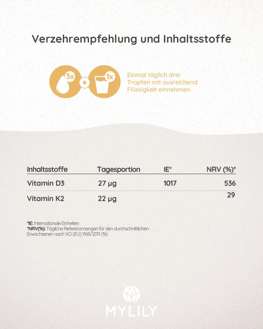 Verzehrempfehlung: Für die tägliche Einnahme geeignet mit 3x Tropfen und 1x Glas Wasser dazu.