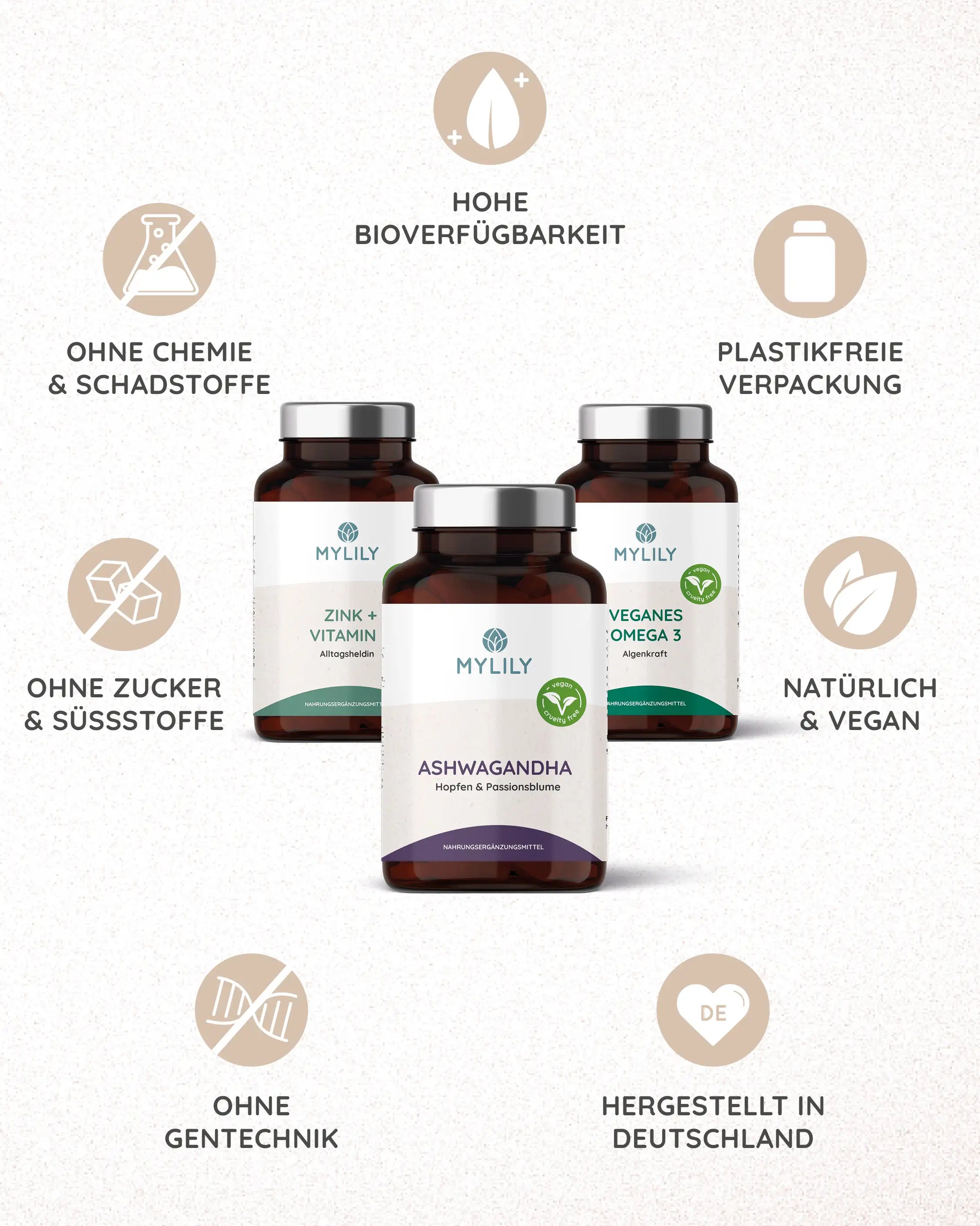 Unsere veganen Nährstoffe sind ohne Schadstoffe, ohne Zucker, ohne Gentechnik und plastikfrei verpackt.