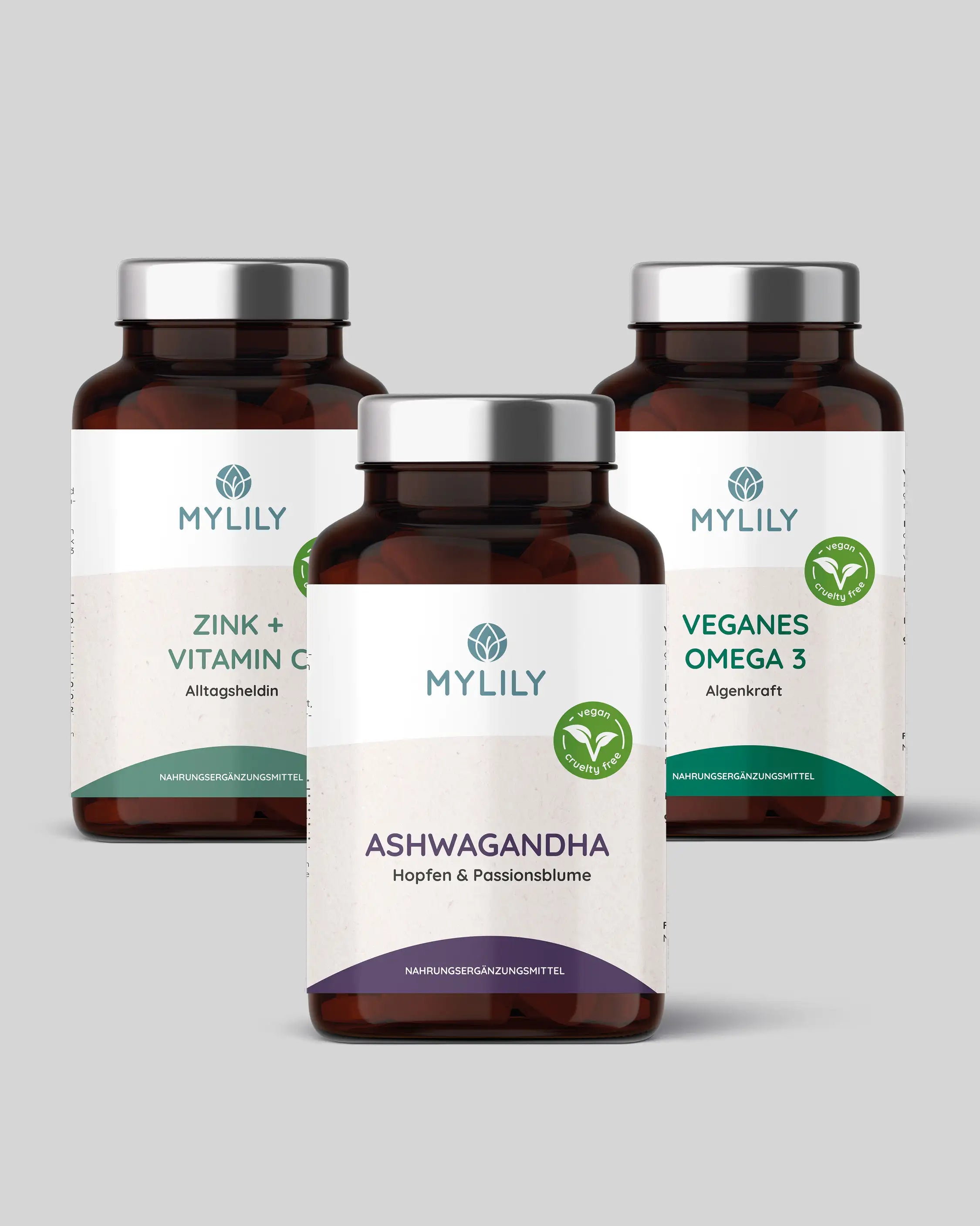 Anti Stress Set mit Bio Ashwagandha, Vitamin B, Zink und Vitamin C, Veganes Omega 3