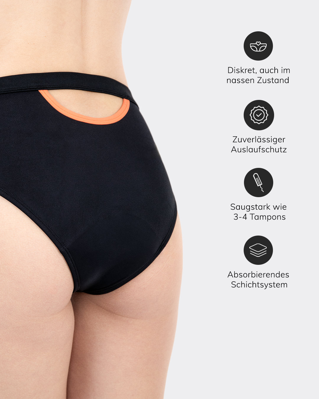 MYLILY schwarze Cut-Out-Periodenbikinihose Rückenansicht mit orangem Ring-Detail – Features: diskret im nassen Zustand, zuverlässiger Auslaufschutz, saugstark wie 3–4 Tampons, absorbierendes Schichtsystem