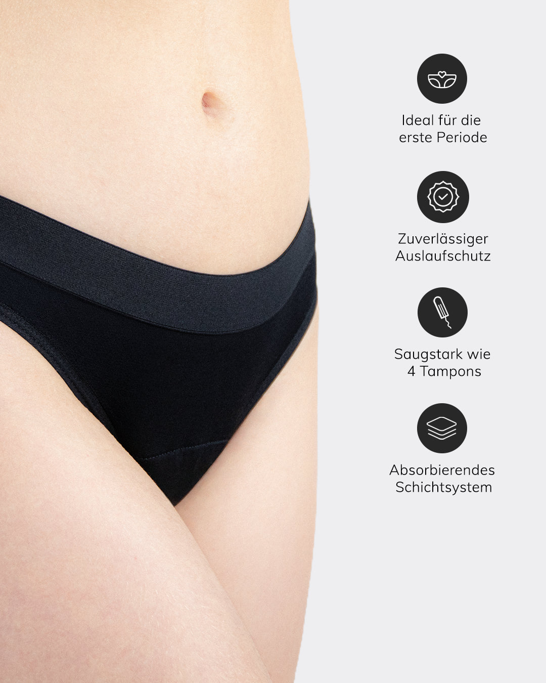 Schwarzer MYLILY Teens Periodenslip mit Vorteilen: ideal für die erste Periode, Auslaufschutz, saugstark wie 4 Tampons, absorbierendes Schichtsystem