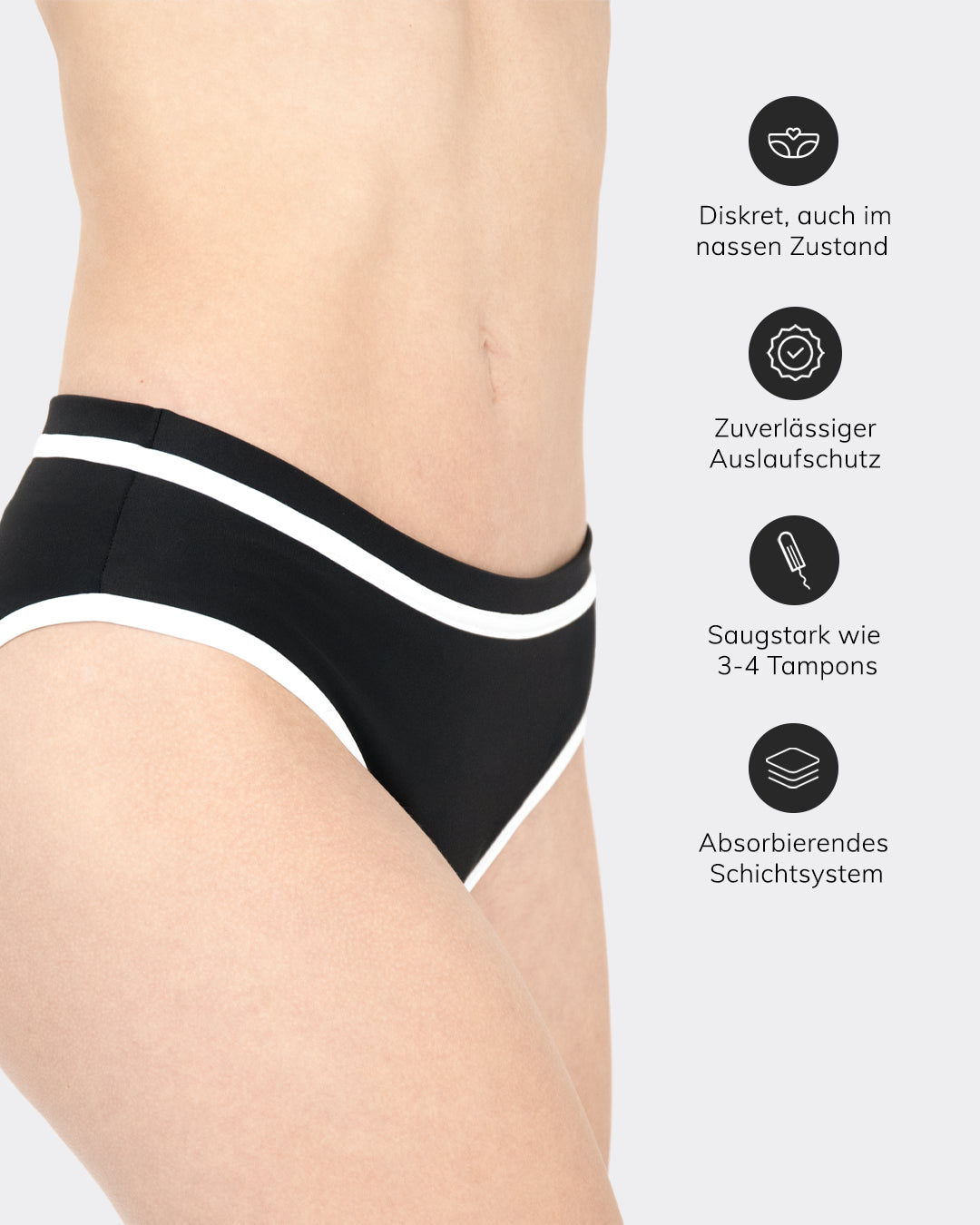 MYLILY Periodenbikinihose schwarz-weiß Midwaist Seitenansicht mit Produkt-Features: diskret im nassen Zustand, zuverlässiger Auslaufschutz, saugstark wie 3–4 Tampons, absorbierendes Schichtsystem