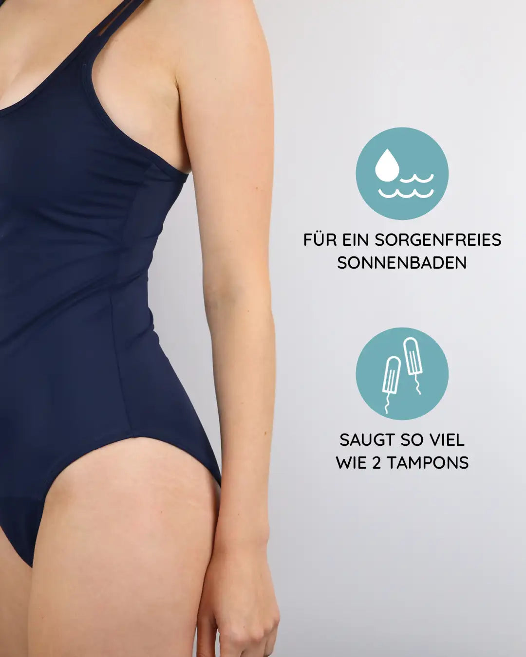 Unsere Perioden Bademode für sorgenfreies Sonnenbaden mit einer Saugkraft von bis zu 2 Tampons.