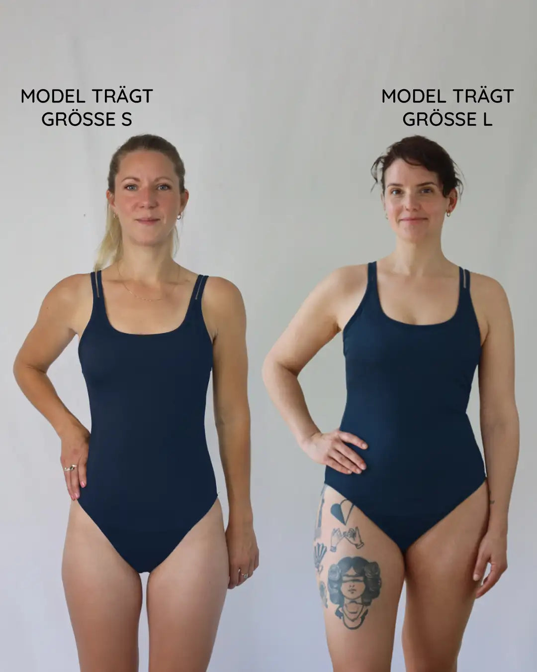 Unser Mode llinks trägt Größe S, das Model rechts trägt Größe L. Schmiegt sich gut an.