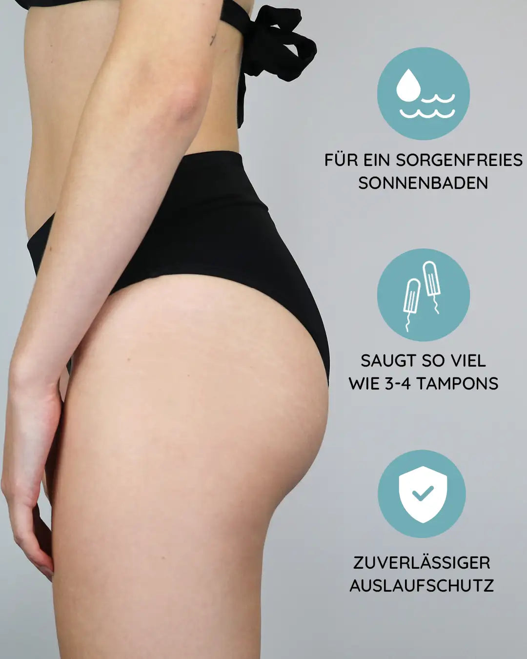 Die Basic Perioden Bikinihose mit einer Saugkraft von 3 bis 4 Tampons. Sie bietet dir einen zuverlässigen Auslaufschutz.