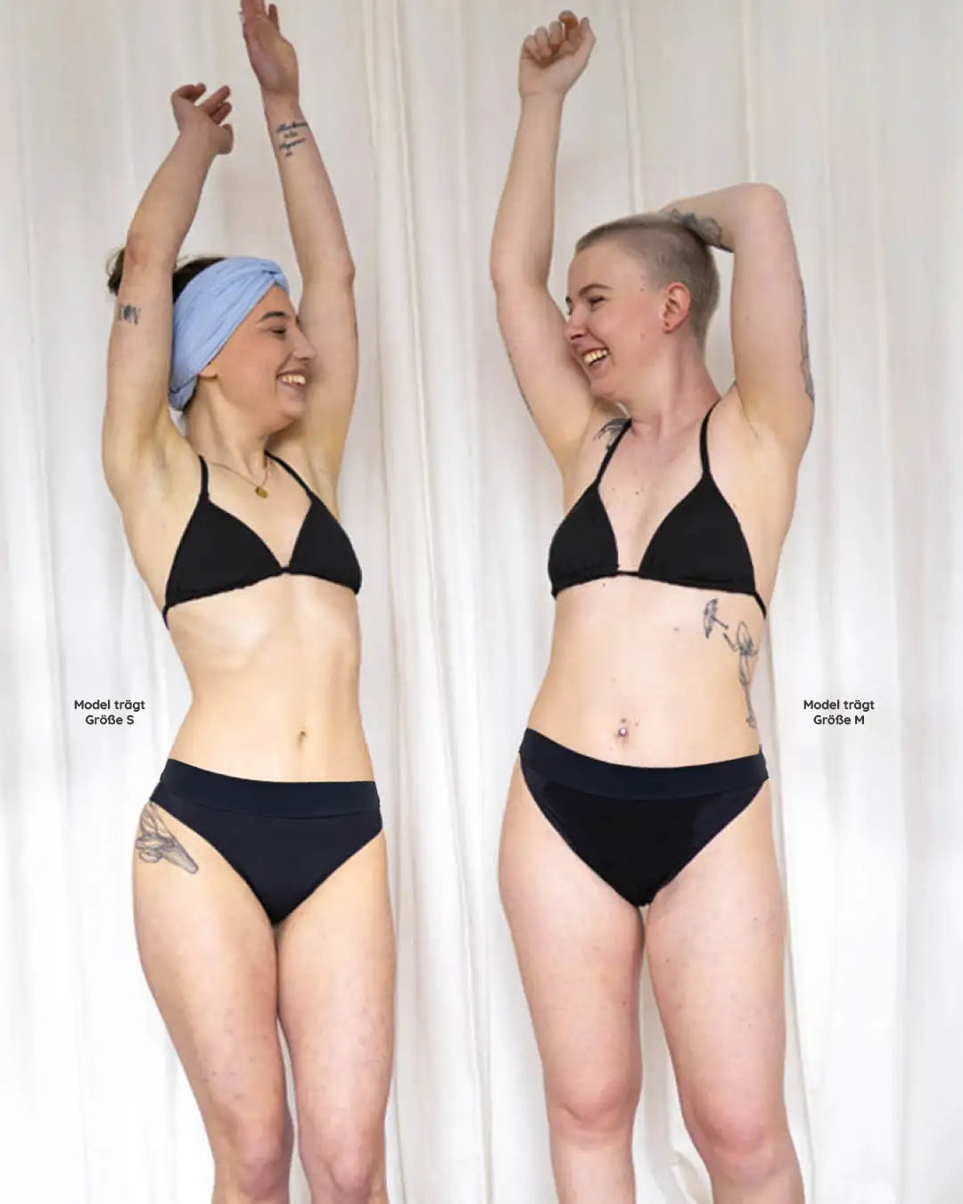 Unser Model in der Bikinihose Basic Slip: das Model links trägt Größe S, das Model rechts trägt Größe M