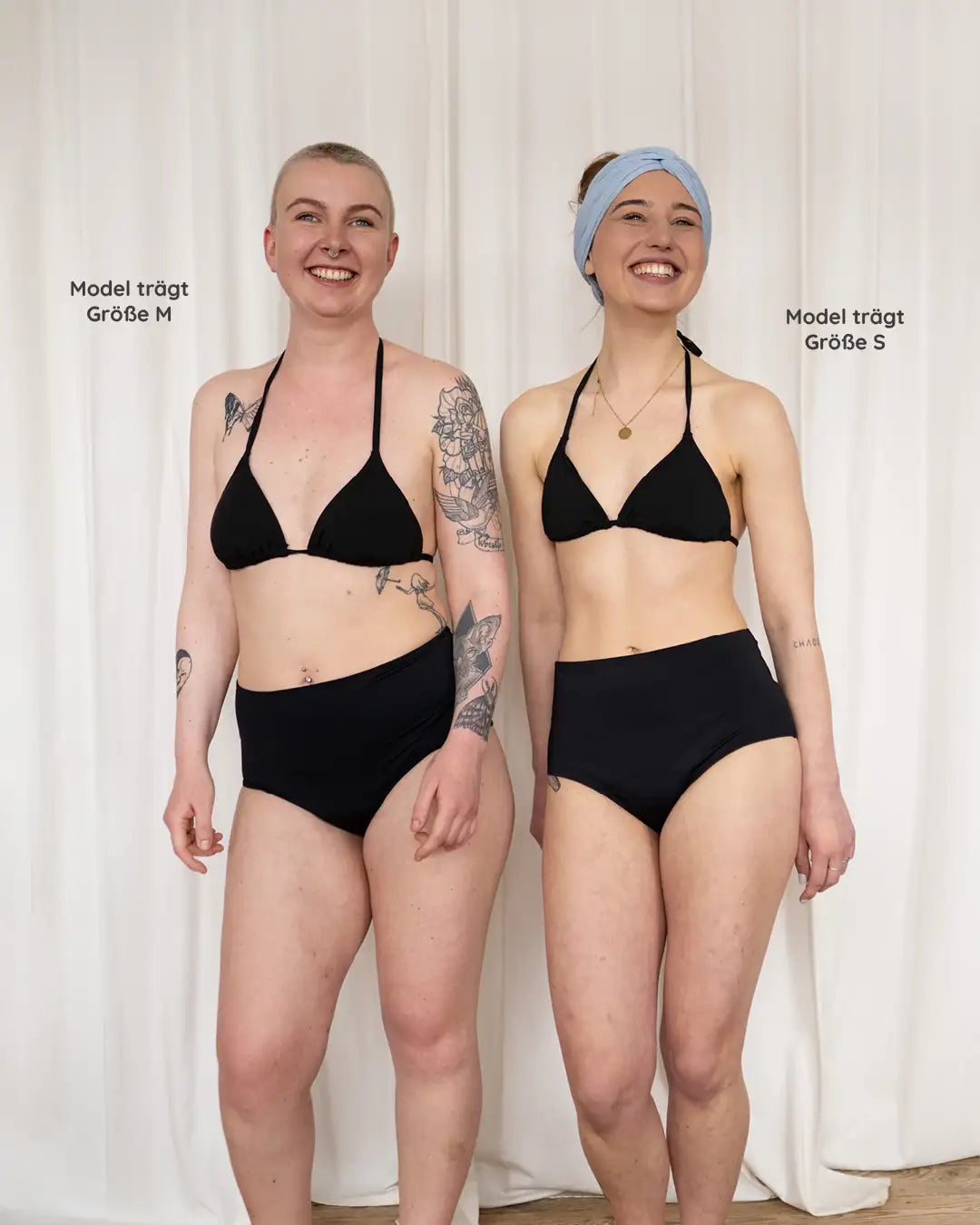 MYLILY Perioden Bademode Bikinihose High Waist an Models in Größe M und Größe S. Erhältlich in den Größen XS- XL.