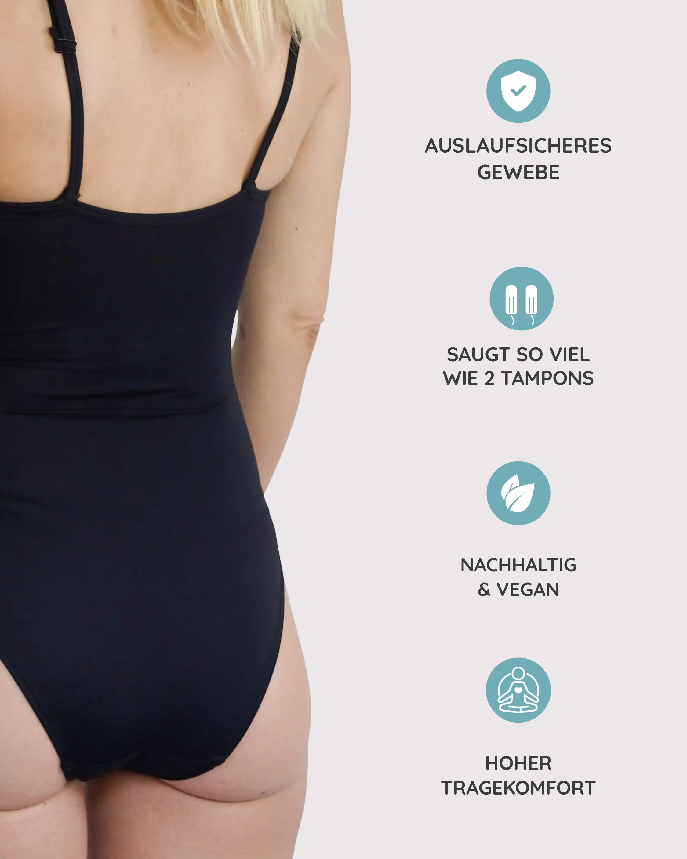 Der Periodenbadeanzug in dem Modell Sportiv für Teenager saugt so viel wie zwei Tampons. Nachhaltig und vegan.