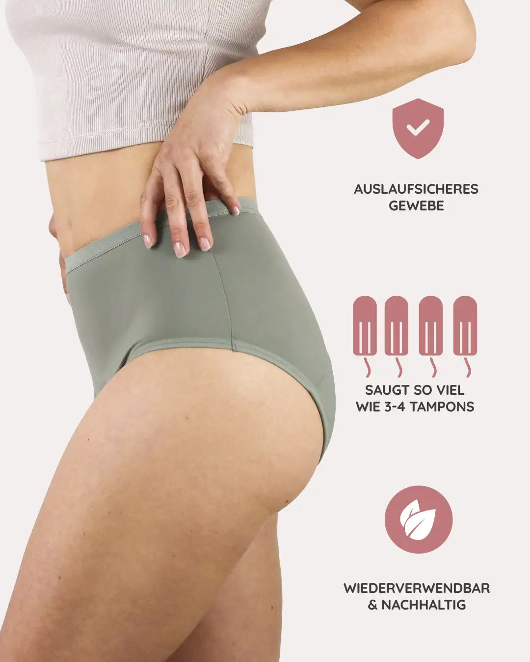 Unsere High Waist Periodenunterwäsche für Teens: saugstark (4 Tampons), vegan und waschbar.