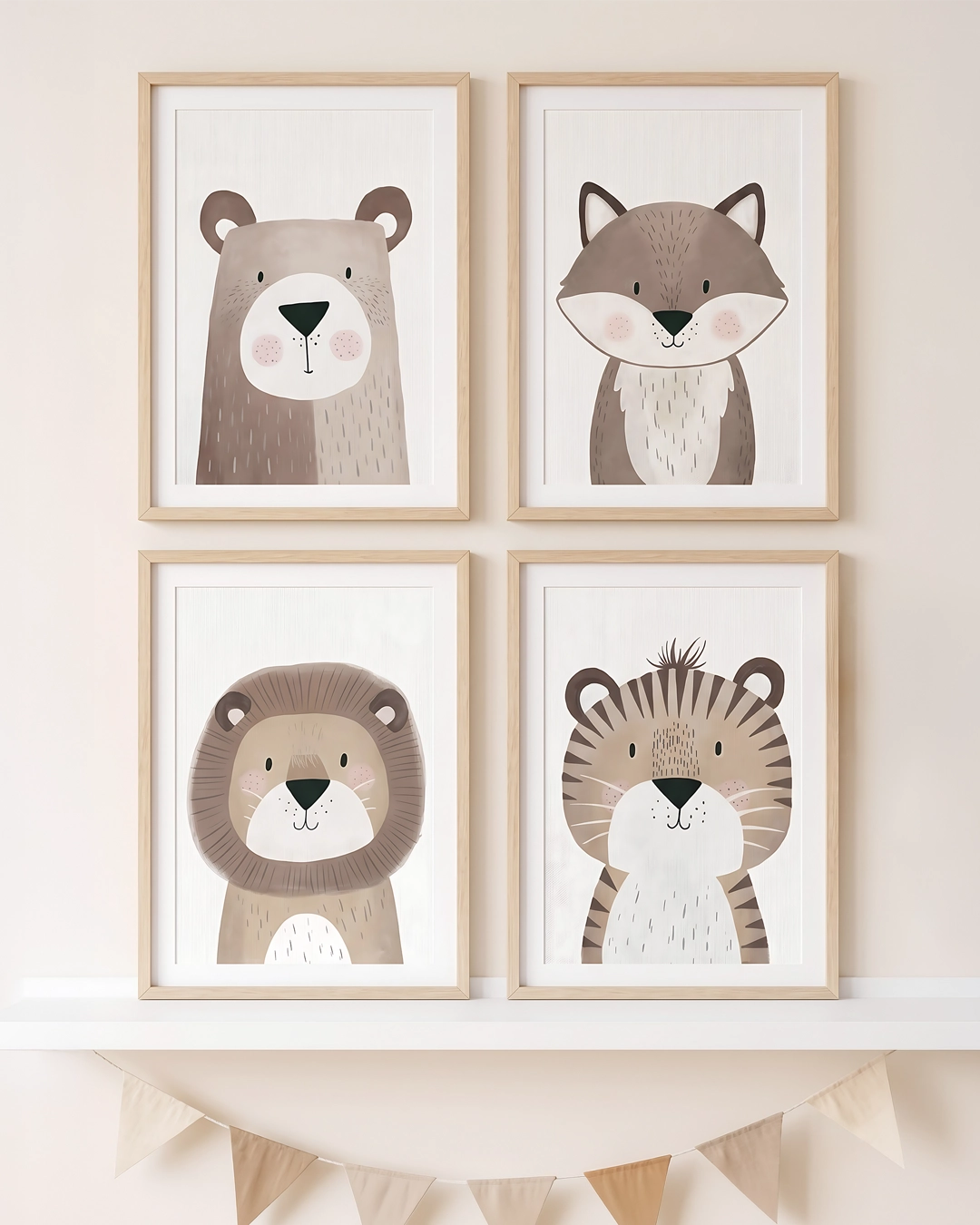 Kinderzimmer Poster Set Bär, Fuchs, Löwe und Tiger in hellen Holzrahmen, dekoriert über einem Regal mit Wimpelkette