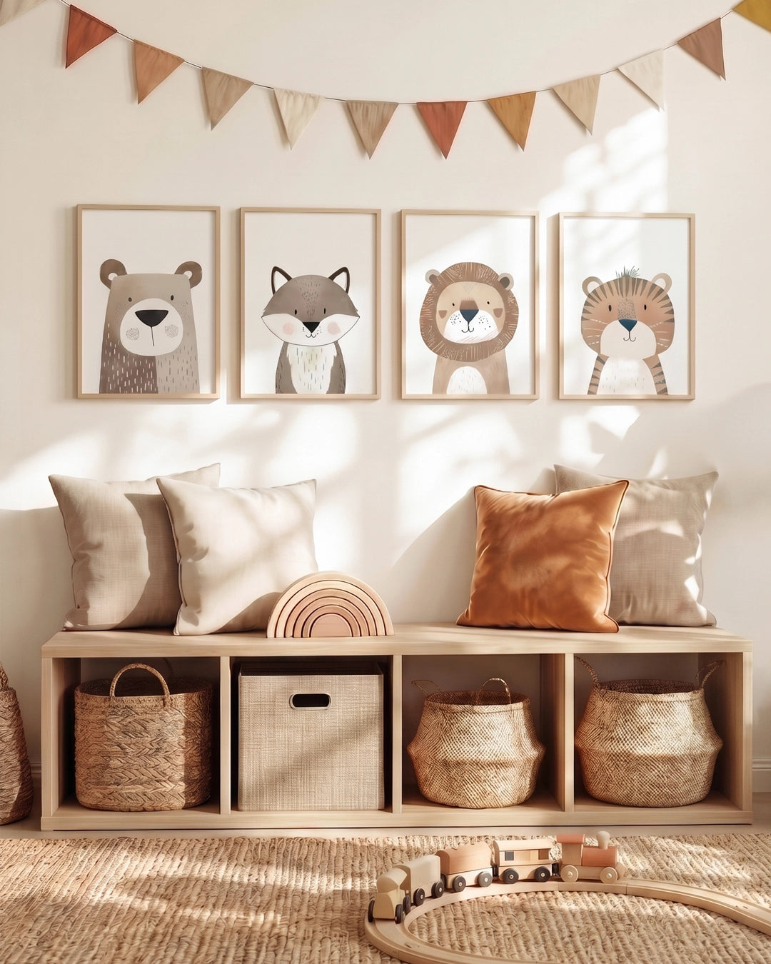 Vier Tierposter Bär, Fuchs, Löwe und Tiger als Wanddeko im skandinavischen Kinderzimmer mit Sitzbank, Kissen und Spielzeug