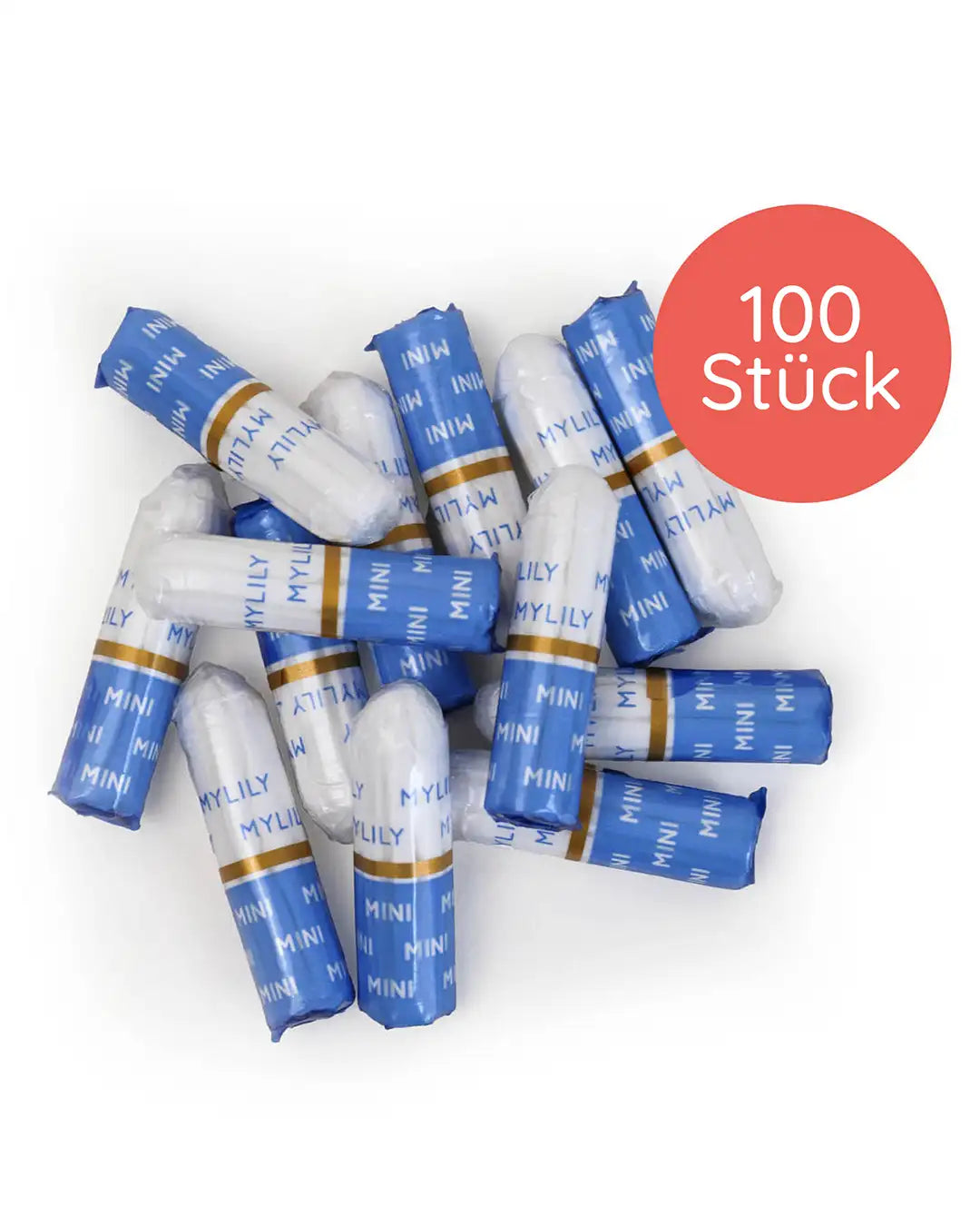 100 Mylily Tampons in der Größe Mini auf einem Haufen.