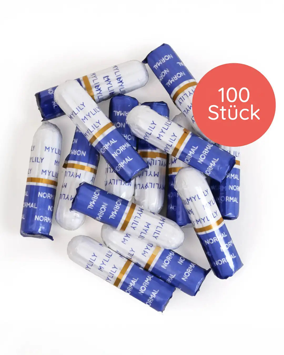 100 Mylily Tampons in der Größe Normal auf einem Haufen.
