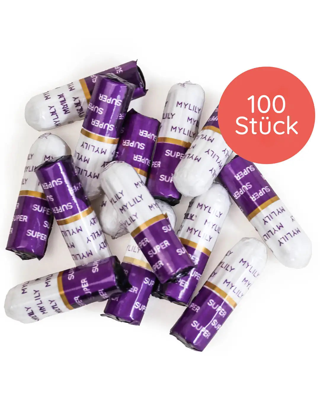100 Mylily Tampons in der Größe Super auf einem Haufen.