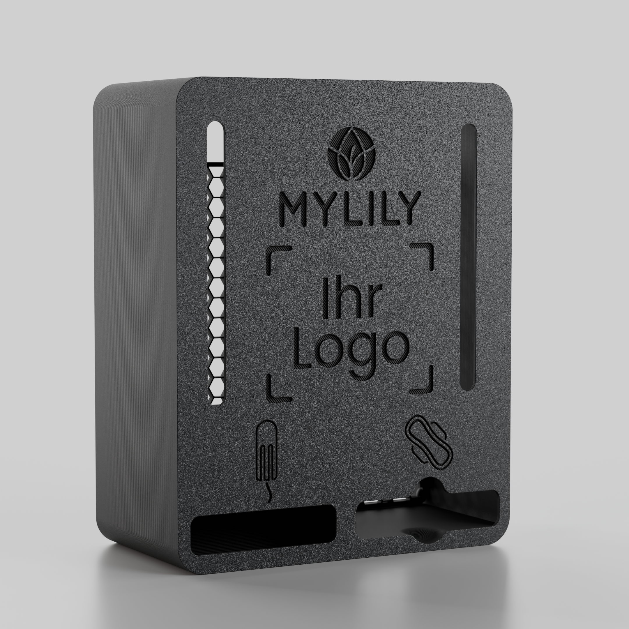 Der schwarze Tampon- und Bindenspender von MYLILY mit eigenem Logo.