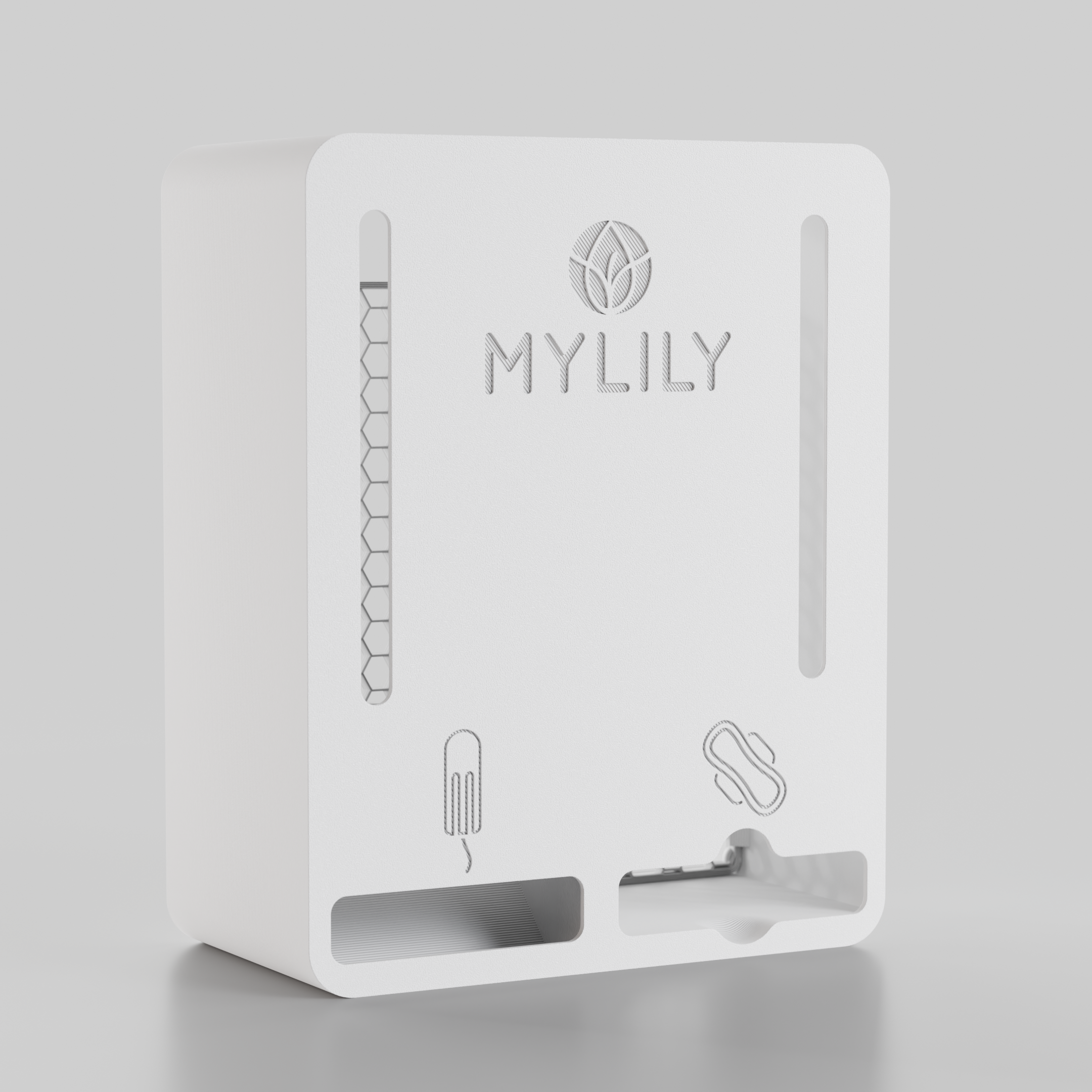 Der weiße Tampon- und Bindenspender von MYLILY ohne eigenes Logo.