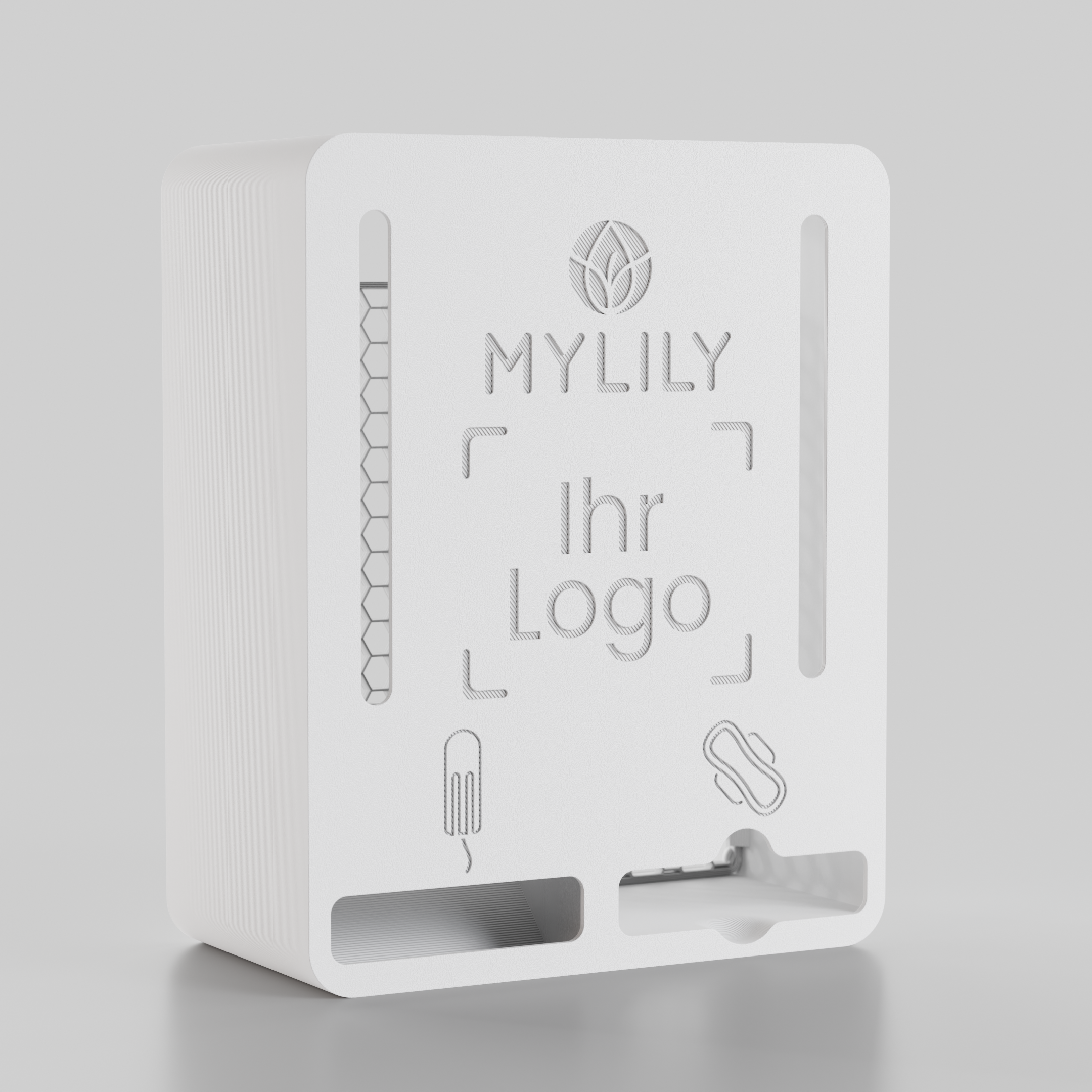 Der weiße Tampon- und Bindenspender von MYLILY mit eigenem Logo.