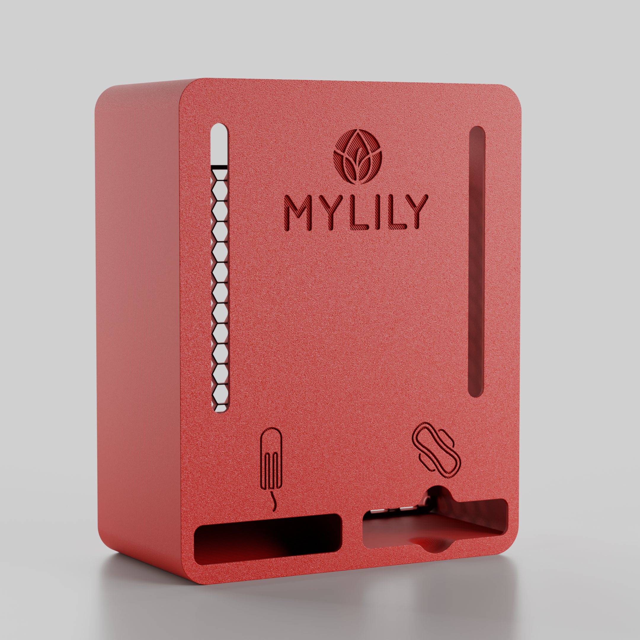 Der rote Tampon- und Bindenspender von MYLILY ohne eigenes Logo.