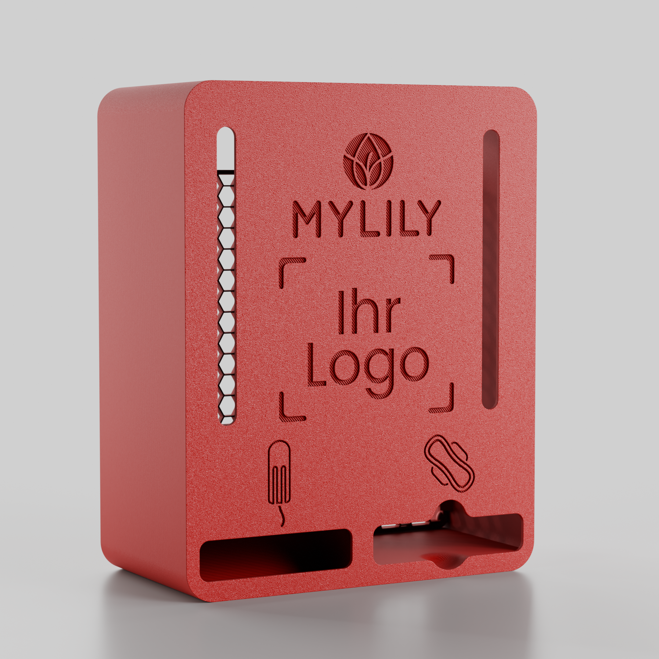 Der rote Tampon- und Bindenspender von MYLILY mit eigenem Logo.