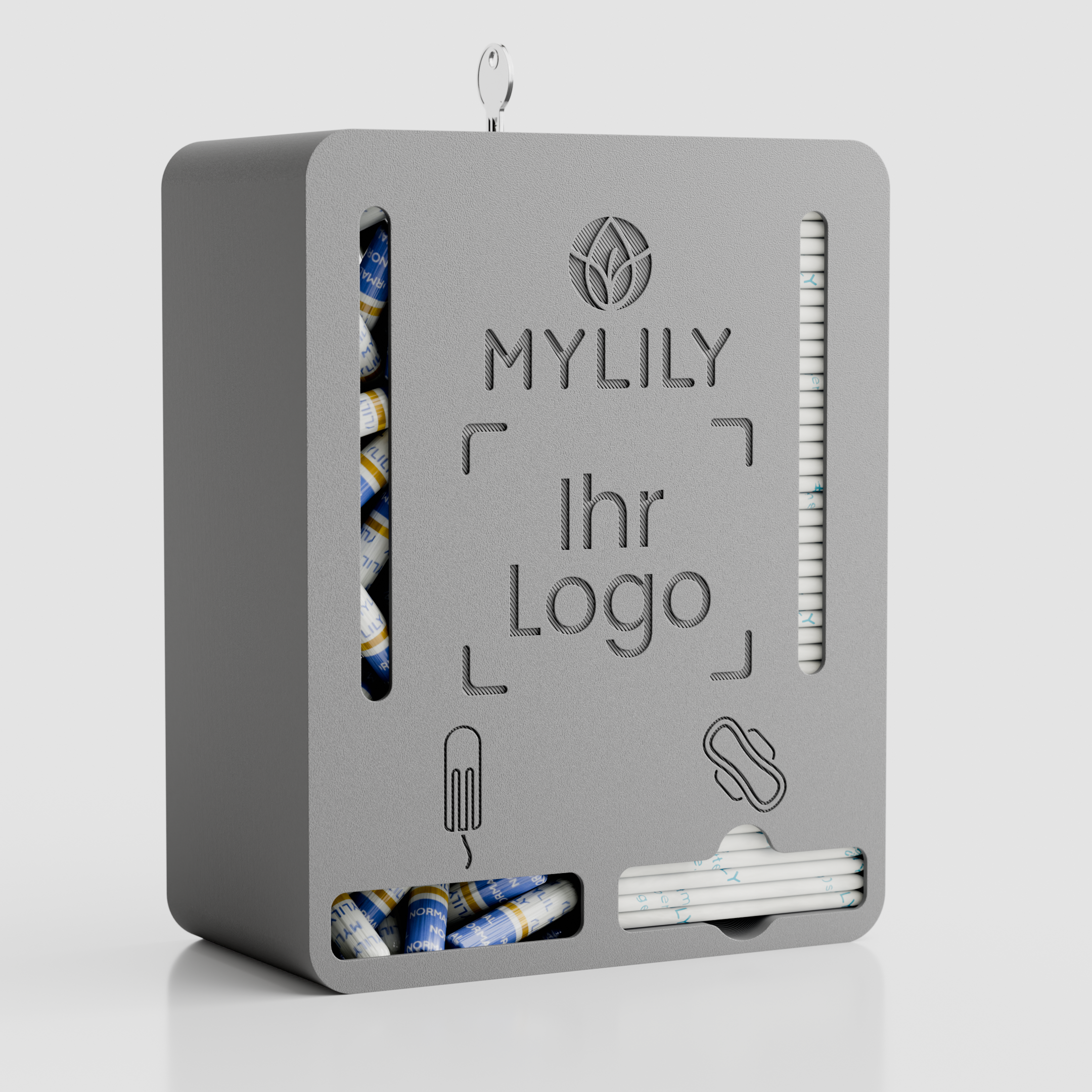 Der graue Tampon- und Bindenspender von MYLILY ohne eigenes Logo.