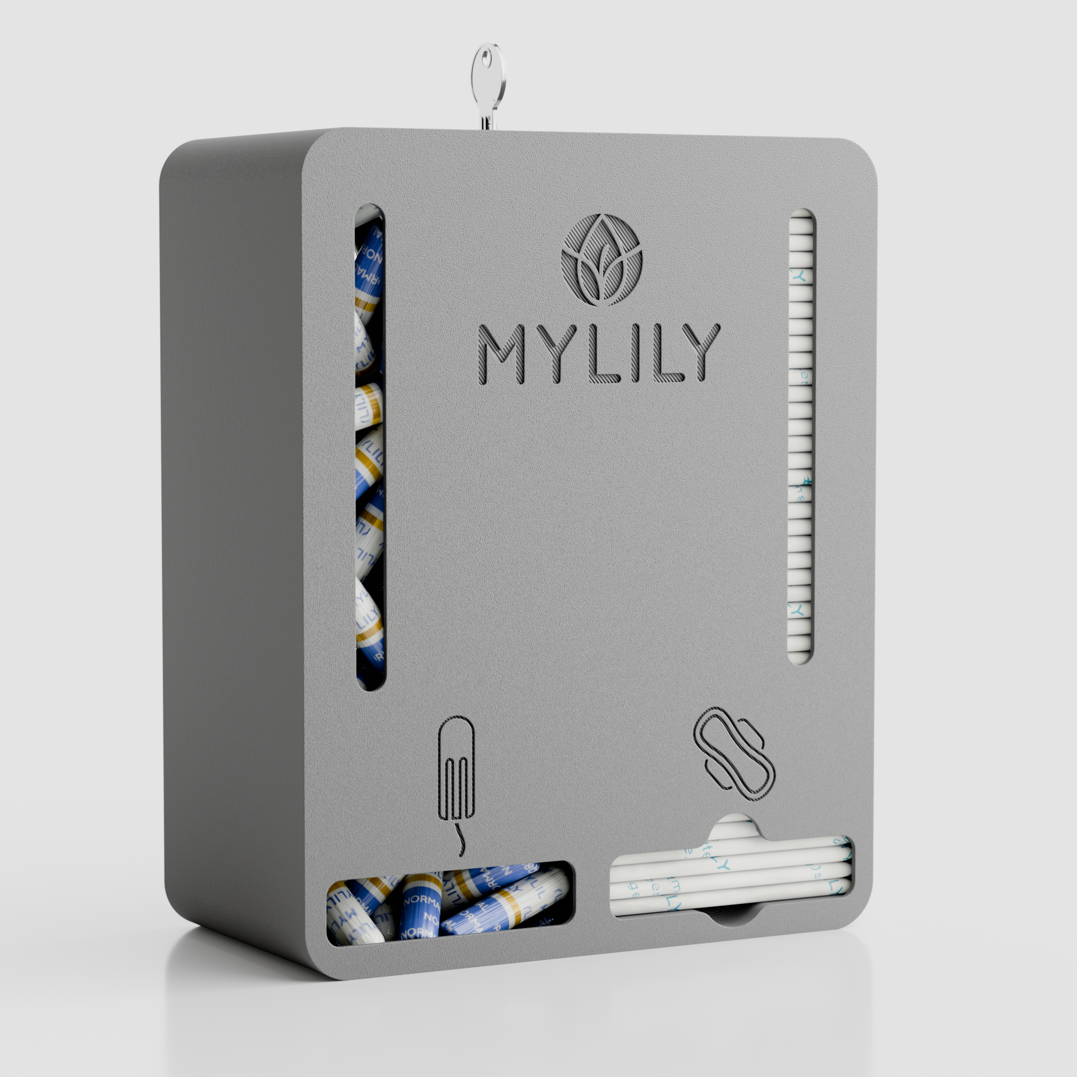 Der graue Tampon- und Bindenspender von MYLILY mit eigenem Logo.