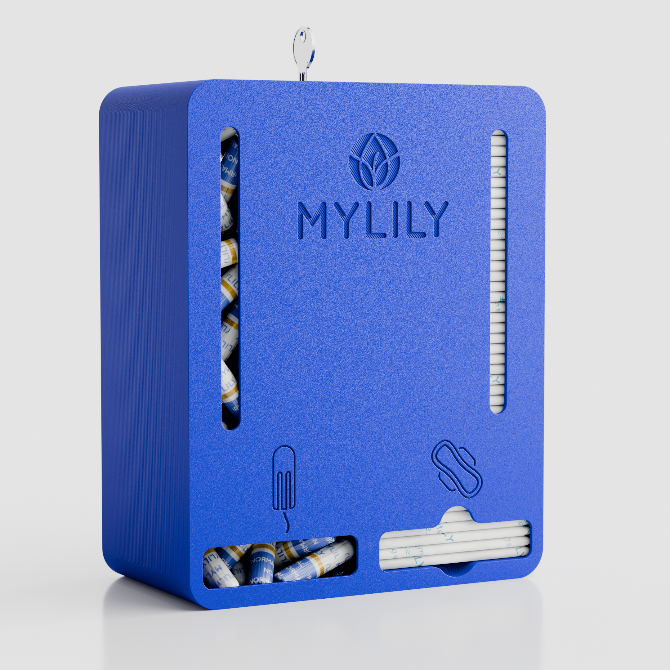 Der blaue Tampon- und Bindenspender von MYLILY ohne eigenes Logo.