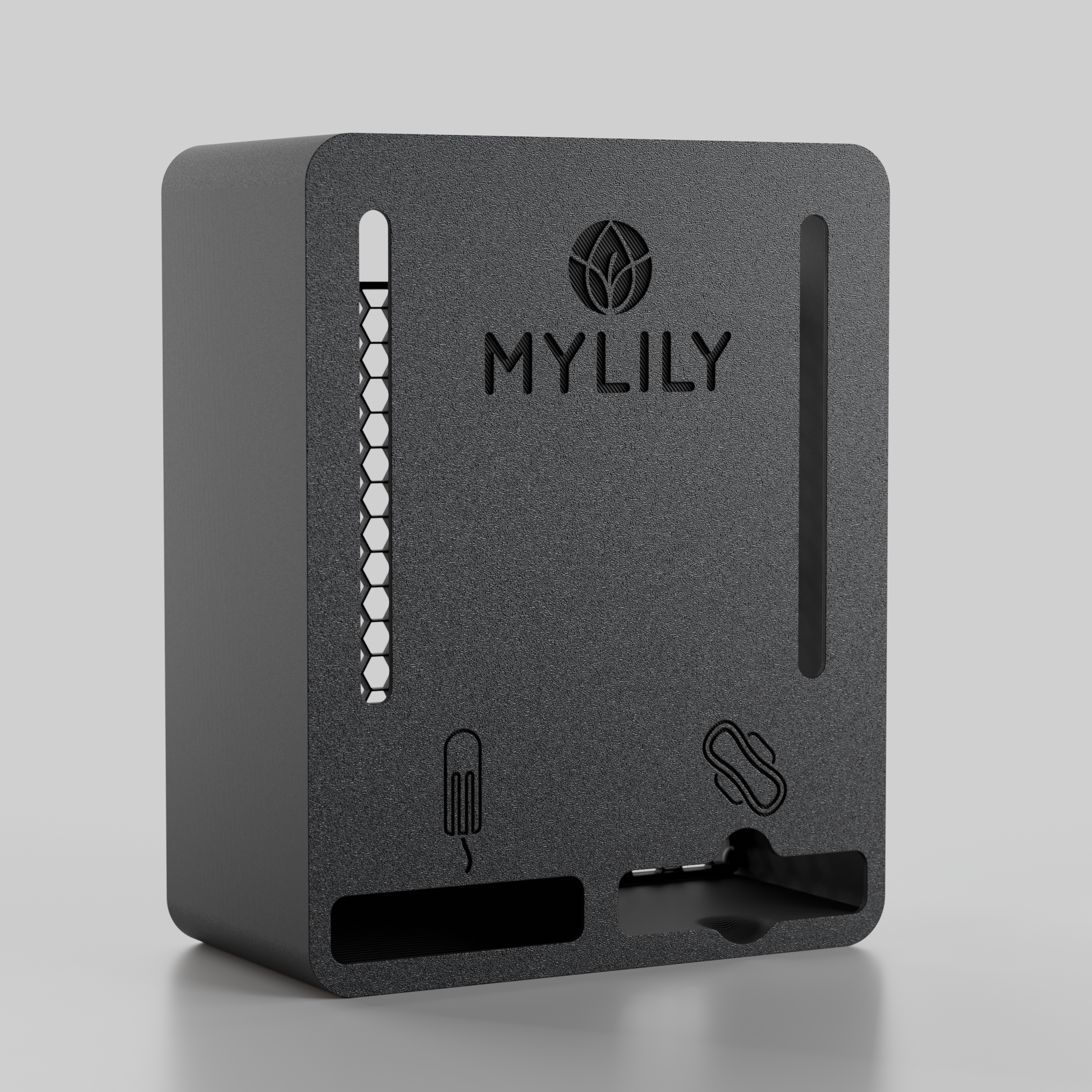 Der schwarze Tampon- und Bindenspender von MYLILY ohne eigenes Logo.