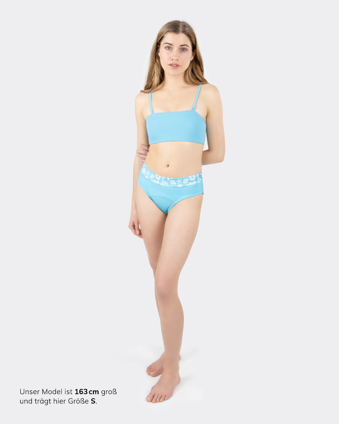 MYLILY Teens Perioden Bikini Set Hellblau mit Meeresprint-Bund – Ganzkörperansicht, Größe S
