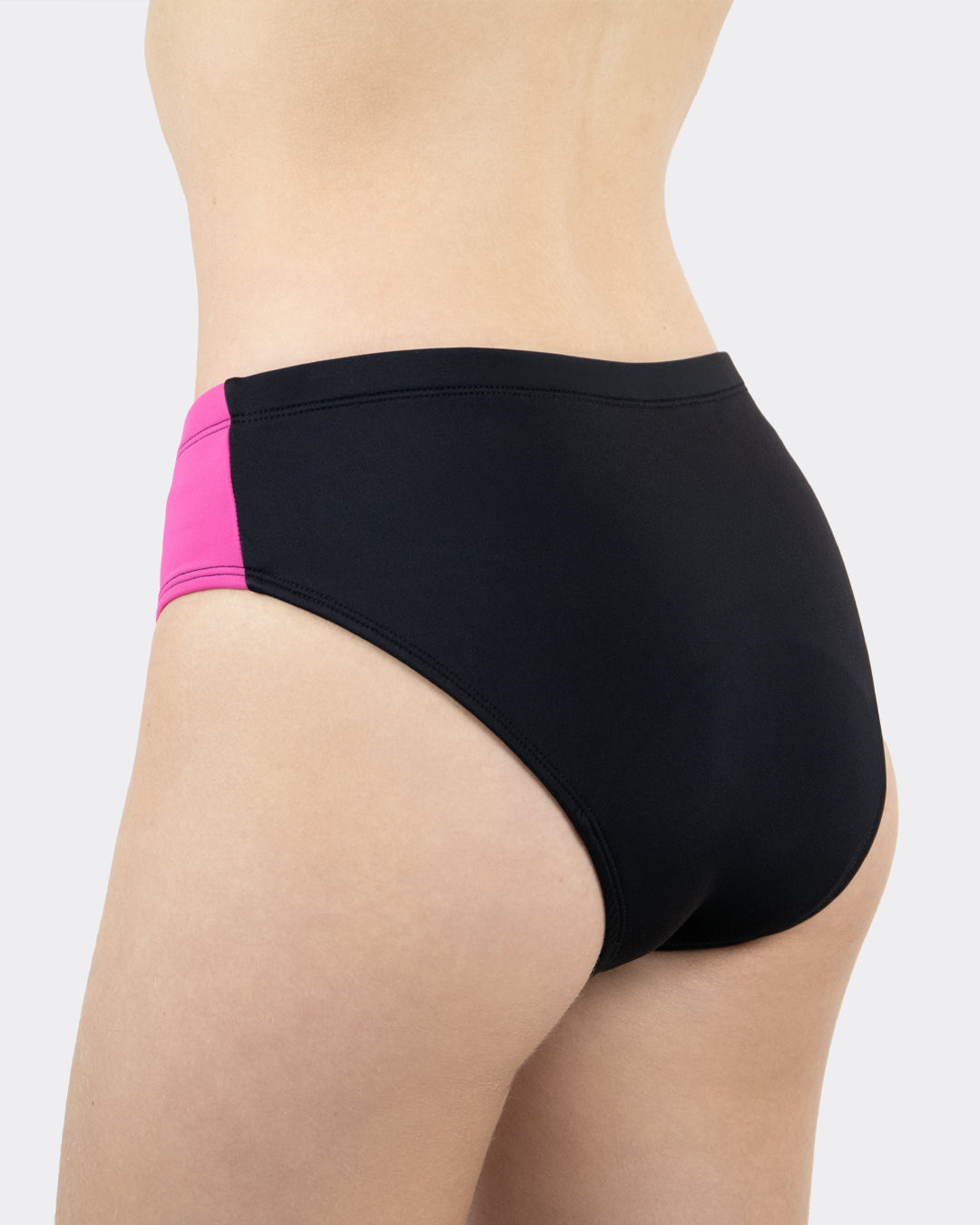 MYLILY Teens Perioden Bikini Hose Sportiv Schwarz mit pinkfarbenem Seitenpanel – seitliche Rückenansicht
