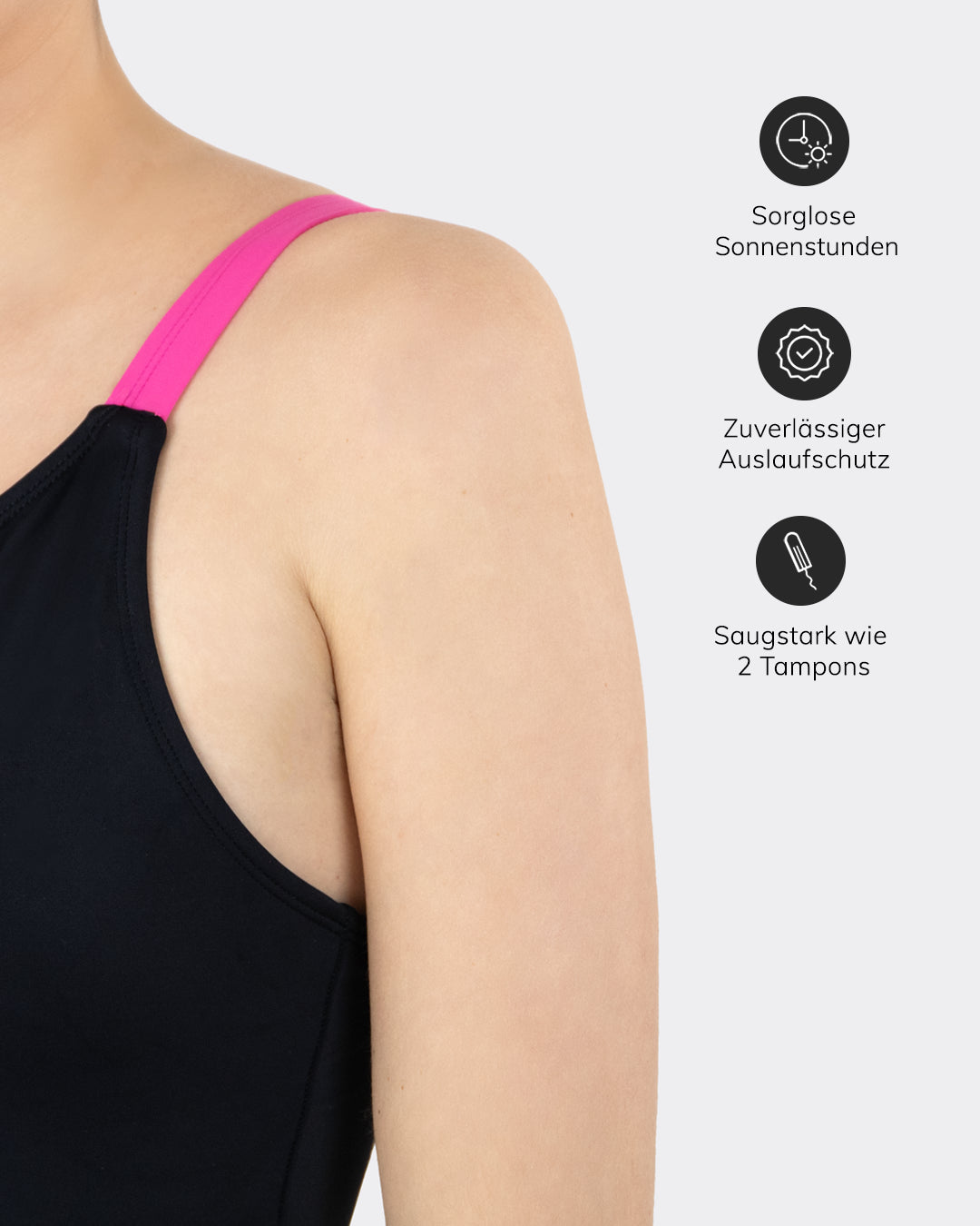 Nahaufnahme Crossback Badeanzug schwarz-pink von mylily mit Icons: sorglose Sonnenstunden, zuverlässiger Auslaufschutz, saugstark wie 2 Tampons