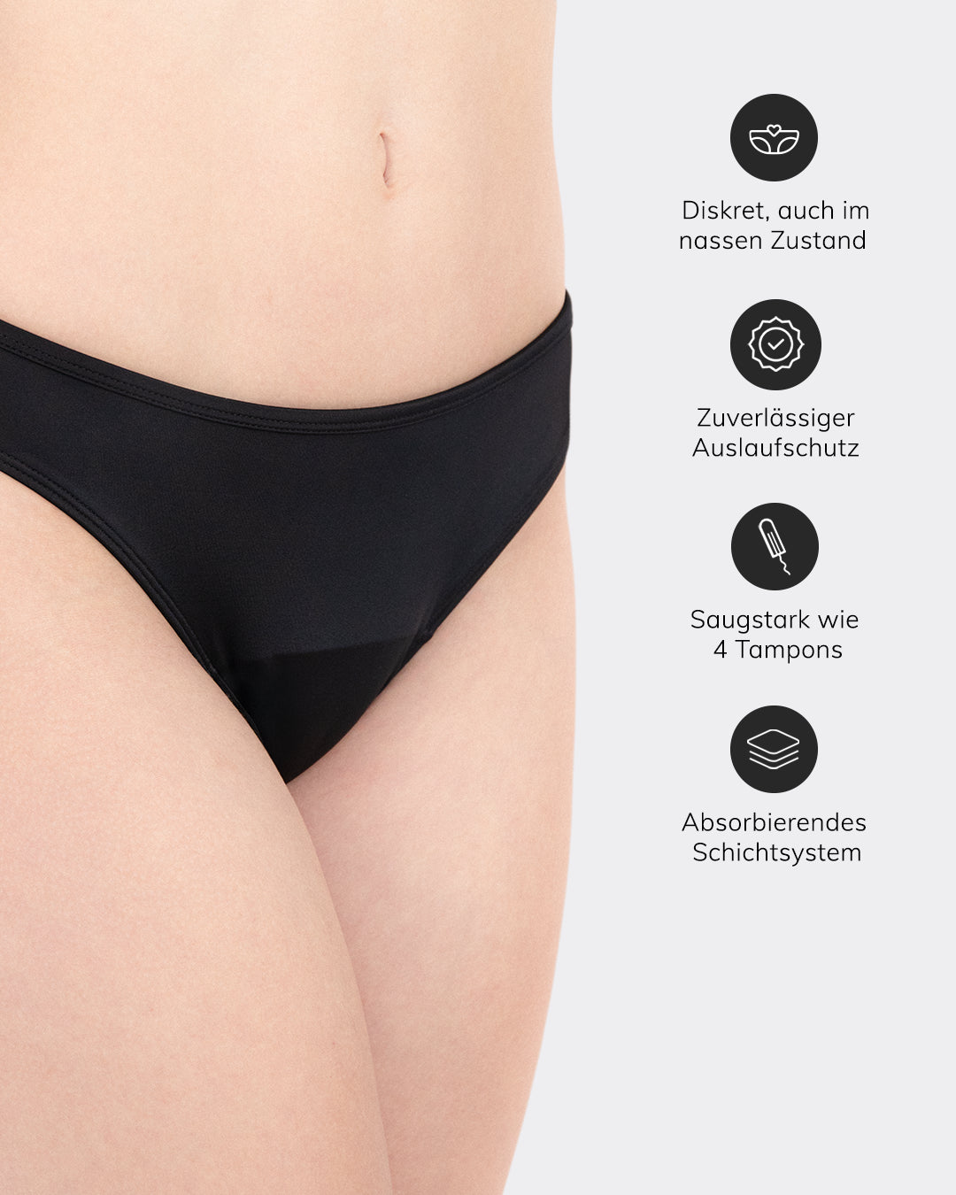 Schwarze MYLILY Teens Perioden Bikinihose mit Vorteilen: diskret auch im nassen Zustand, Auslaufschutz, saugstark wie 4 Tampons, absorbierendes Schichtsystem