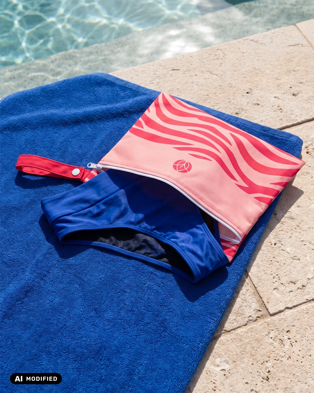 Mylily Wetbag pink am Pool mit nassem Bikini – wasserdichte Reißverschlusstasche für Strand, Schwimmbad und Reisen