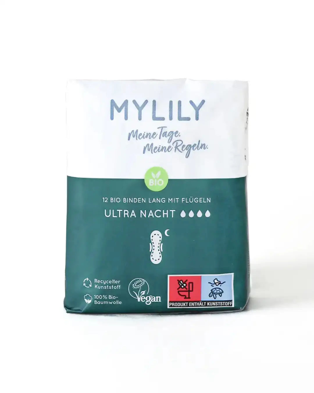 MYLILY Binden Nacht: beinhalten 12 lange Binden mit Flügeln, für die Nacht. Kunststoffanteil ist recycelt, die Baumwolle ist zu 100% Bio.