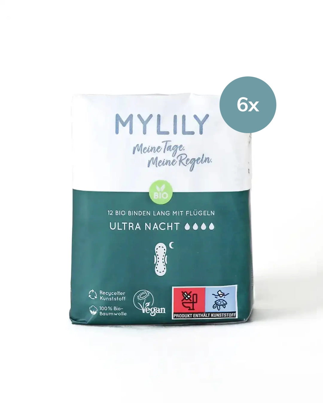 Die MYLILY Binden Nacht beinhalten 12 super lange Bio Binden mit Flügeln und starker Saugkraft. Mit 100% Bio Baumwolle.