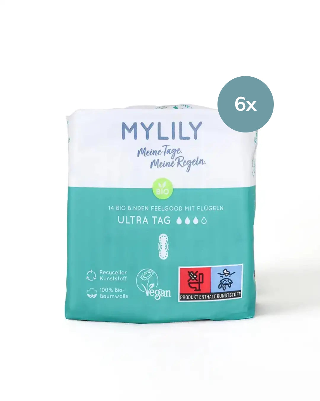 Die MYLILY Binden Tag: beinhalten 14 vegane  Bio Binden. Der Kunststoffanteil ist recycelt, die Baumwolle ist zu 100% Bio.